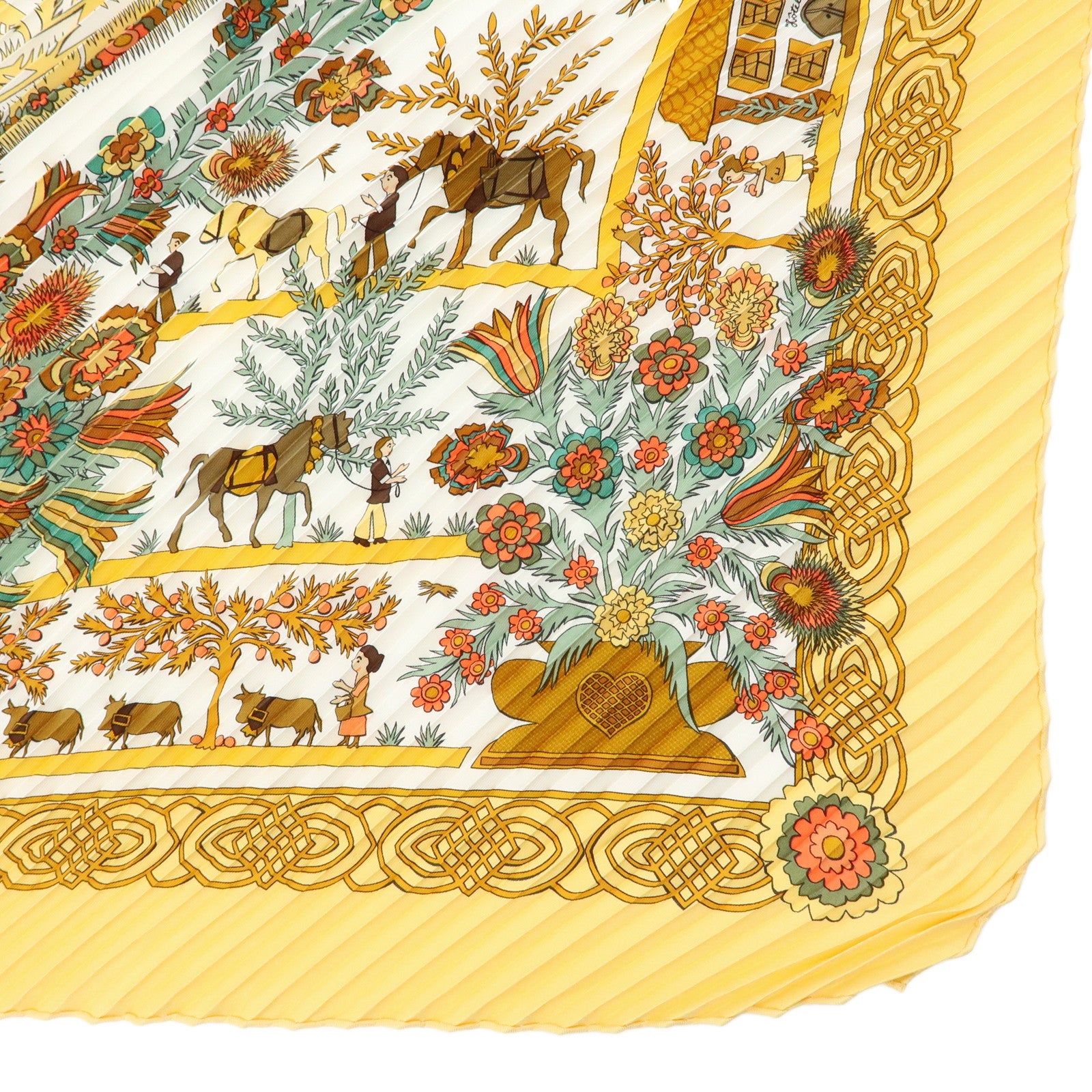 HERMES Pleated Carre 90 Silk 100% Scarf DECOUPAGES Yellow Brown