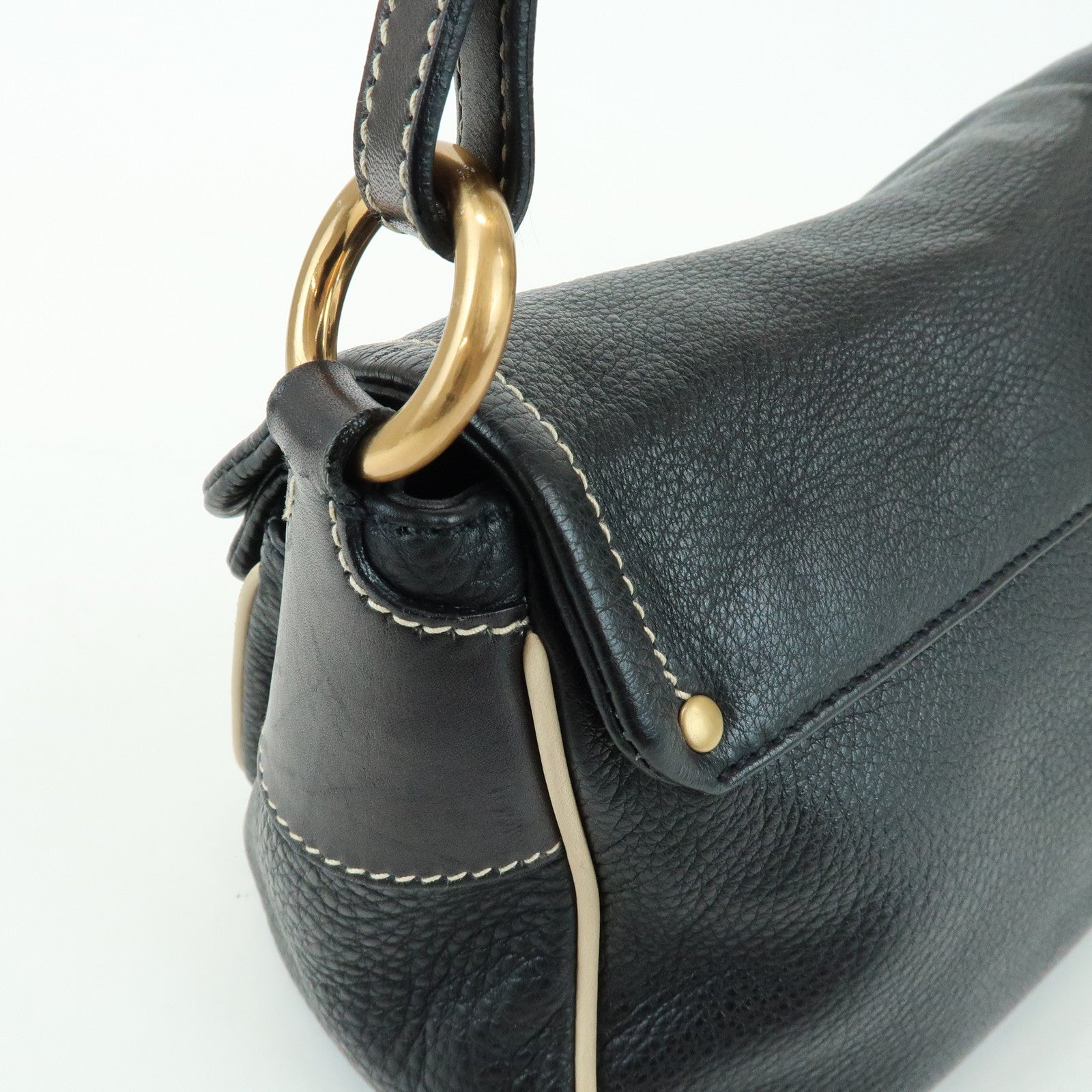 PRADA Logo Leather Stitch Shoulder Bag Hand Bag Black