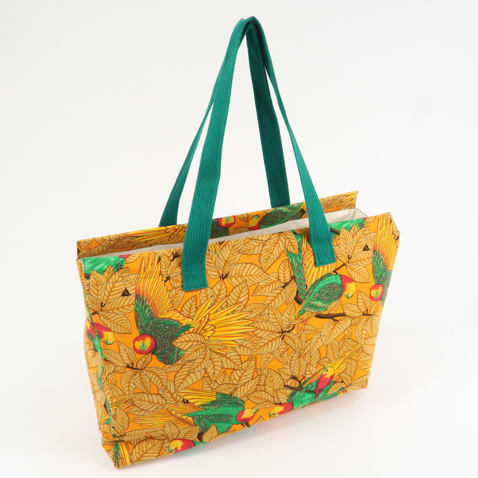 HERMES  Cotton Canvas Tote Bag Shoulder Bag Parrot Pattern Orange Green Used