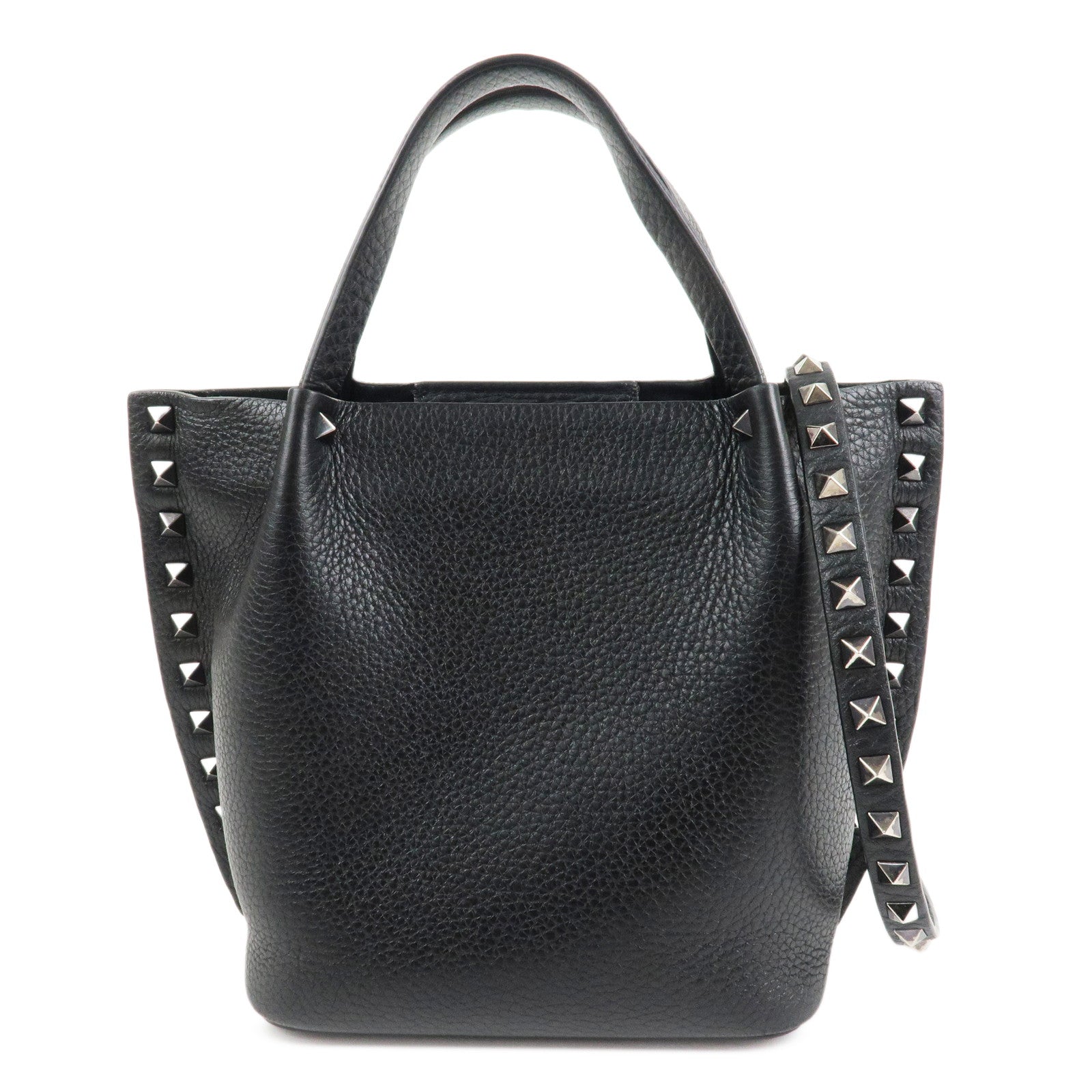 VALENTINO Rock Studs Grained Calf Leather 2Way Bag Hand Bag Black