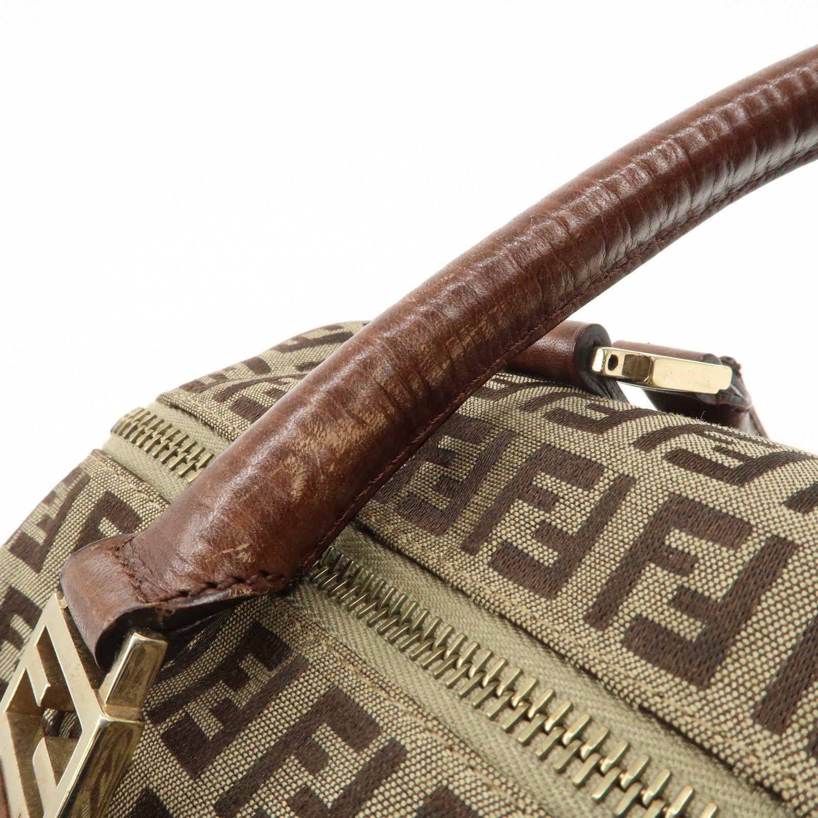 FENDI Zucchino Canvas Leather Boston Bag Brown Beige 8BL068 Used