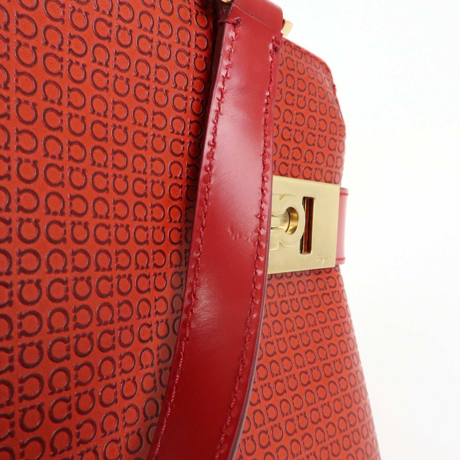 Ferragamo Gancini Side Belt Leather Hand Bag Tote Bag Red