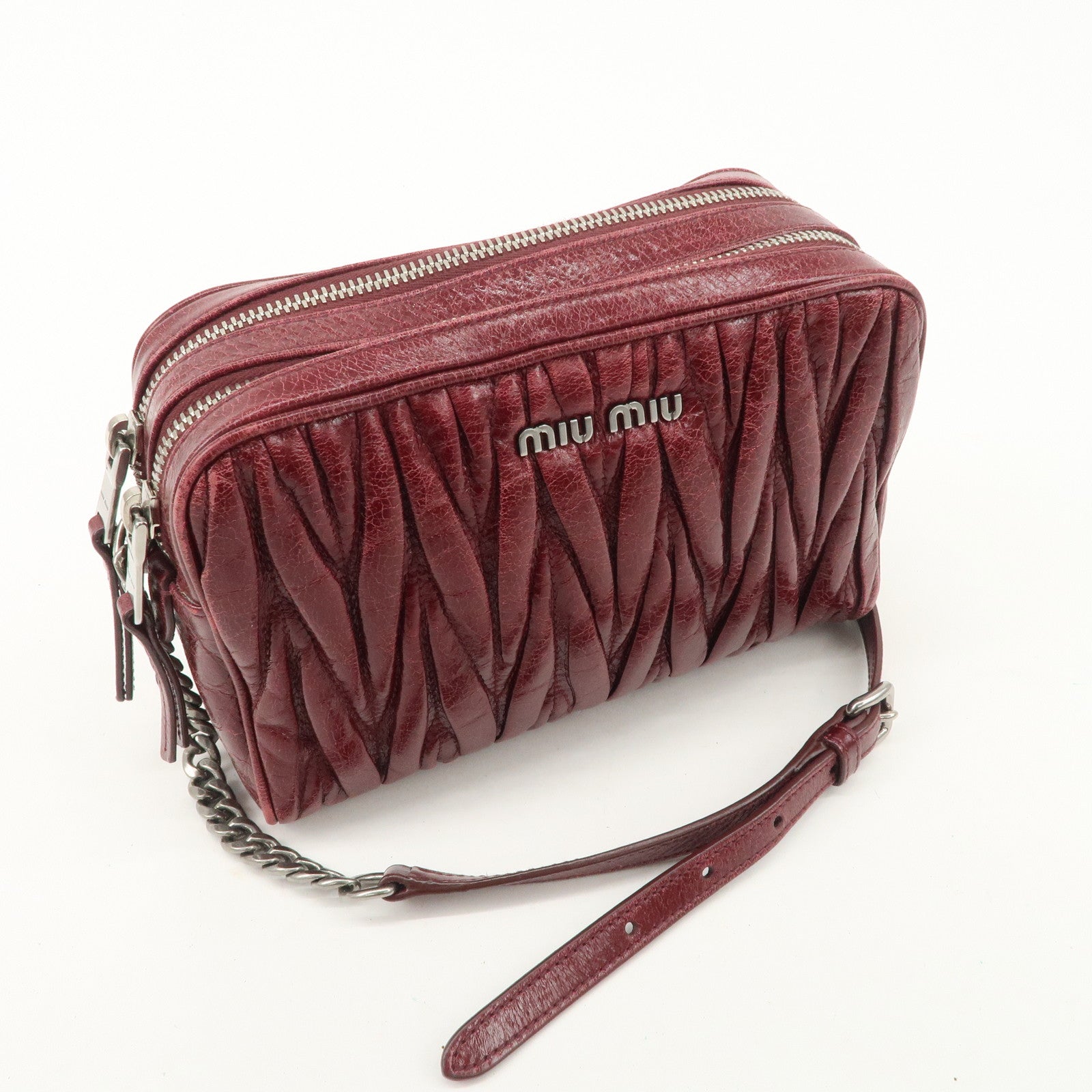 MIUMIU Matelasse Leather Shoulder Bag Burgundy Silver Hardware Used