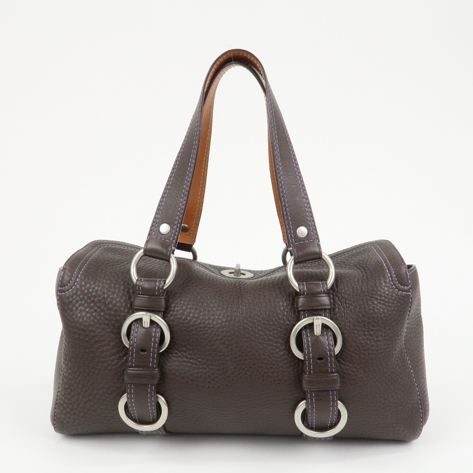 COACH Logo Leather Shoulder Bag Hand Bag Boston Bag Dark Brown