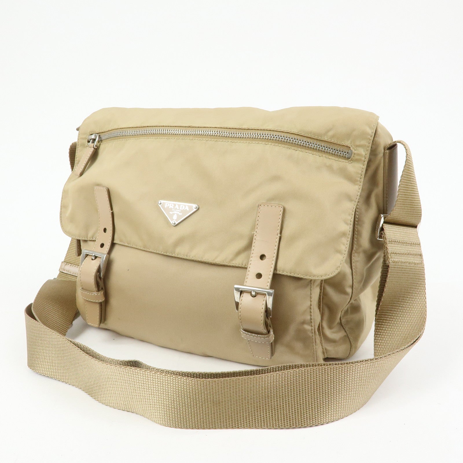 PRADA Triangle Logo Nylon Shoulder Bag Crossbody Bag Beige 1BD953