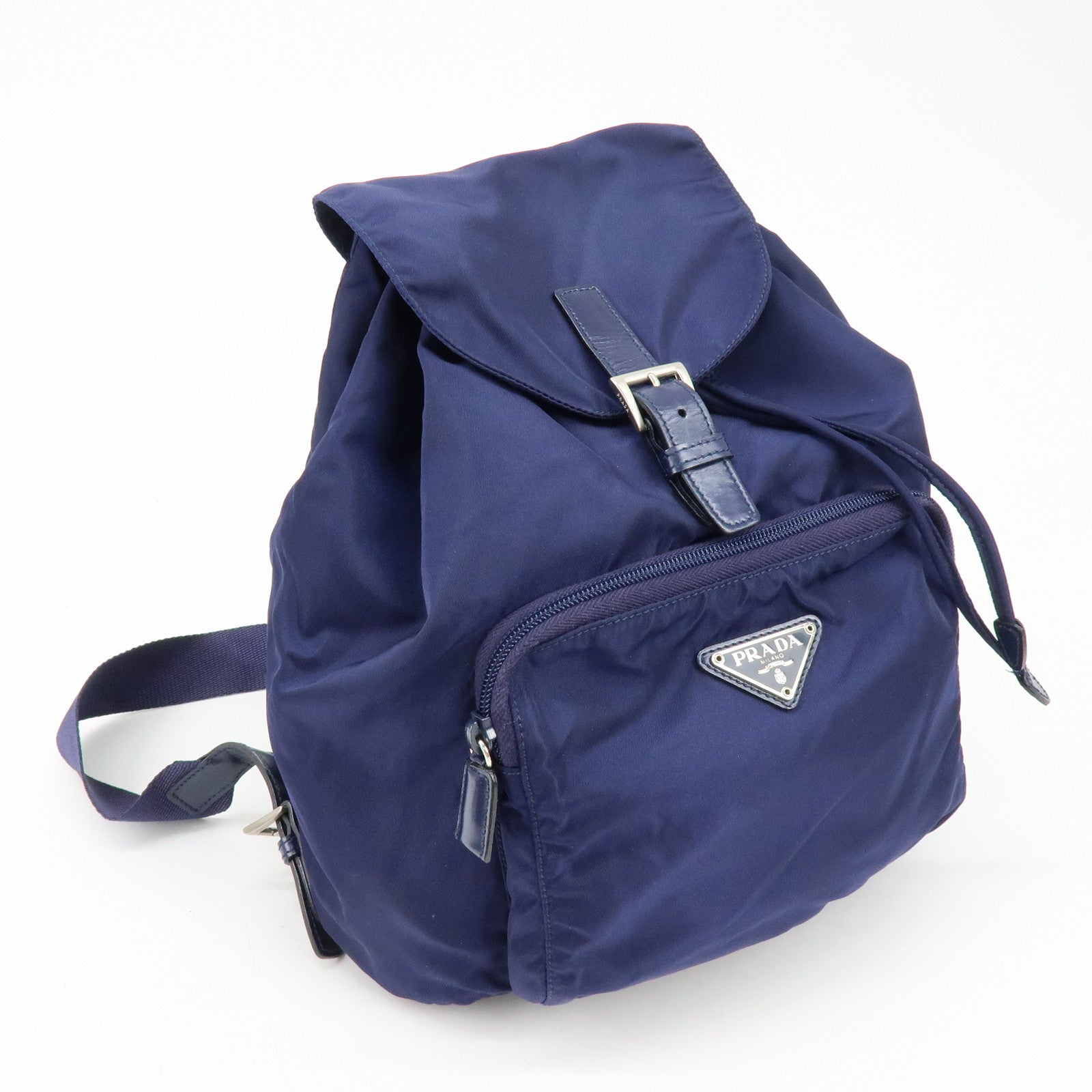 PRADA Triangle Logo Nylon Leather Backpack Rucksack Navy B4650F