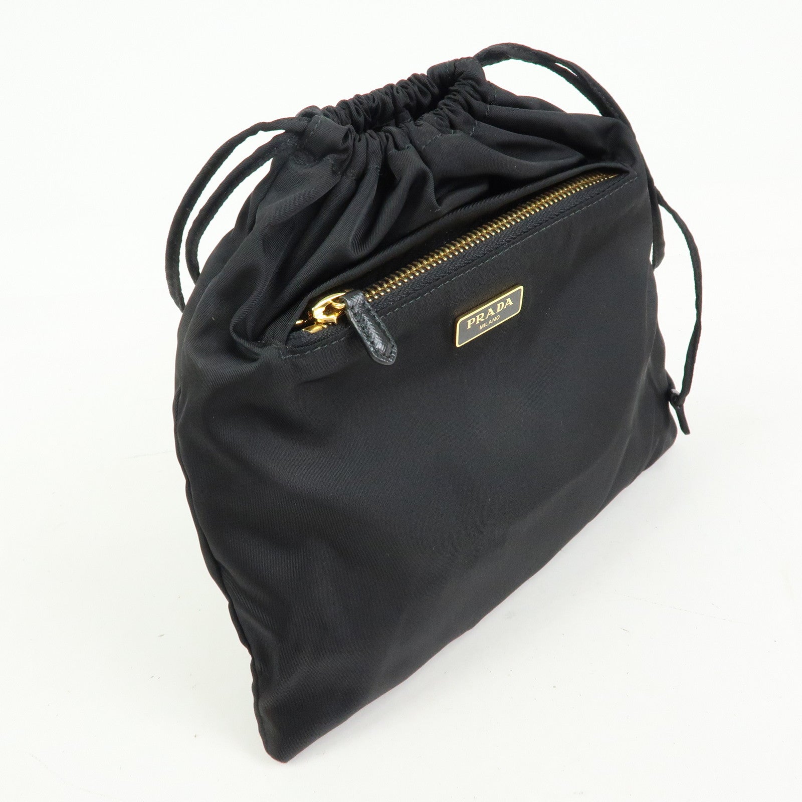 PRADA Triangle Logo Nylon Saffiano Leather Drawstring Pouch Black