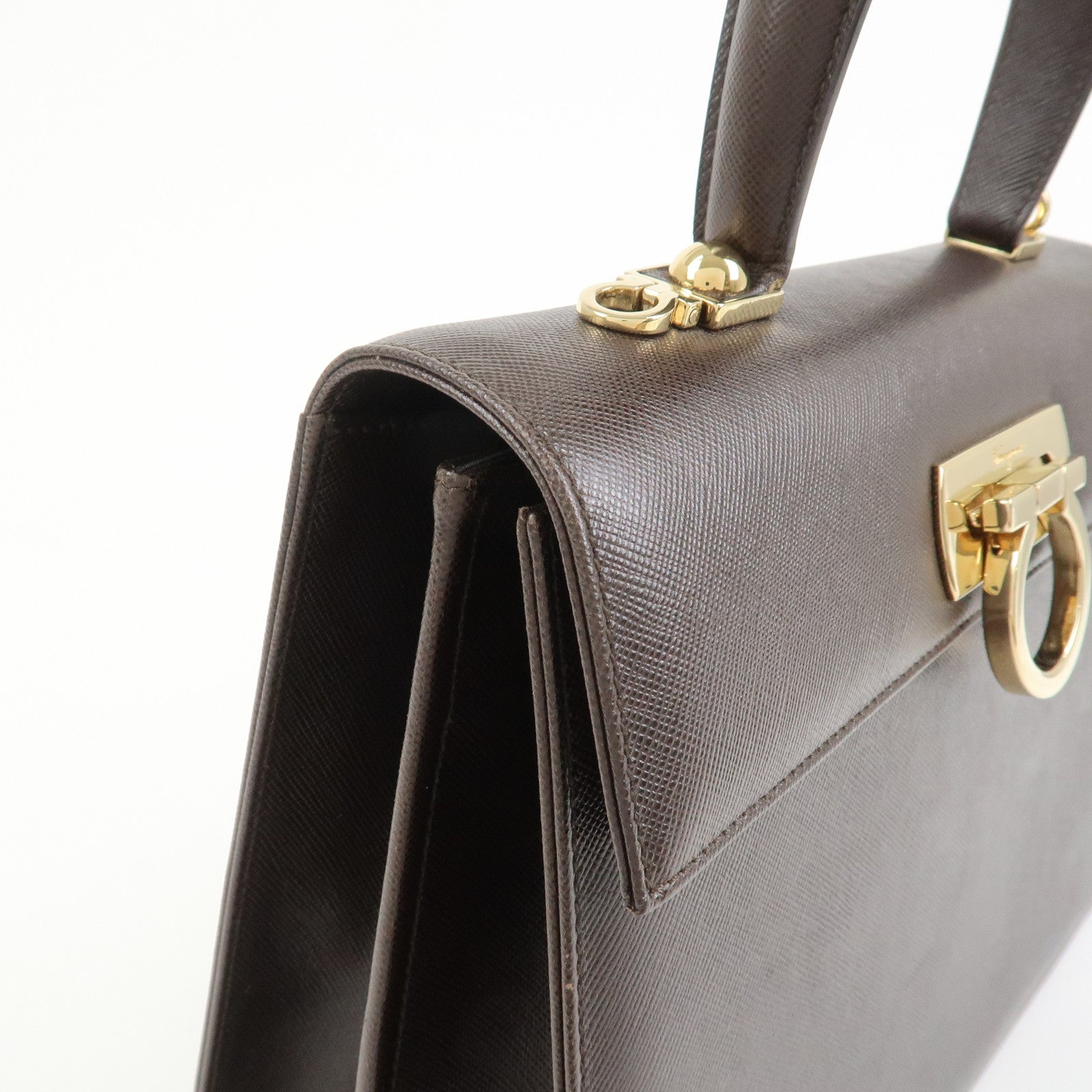 Ferragamo Gancini Leather 2Way Bag Hand Bag Shoulder Bag Dark Brown