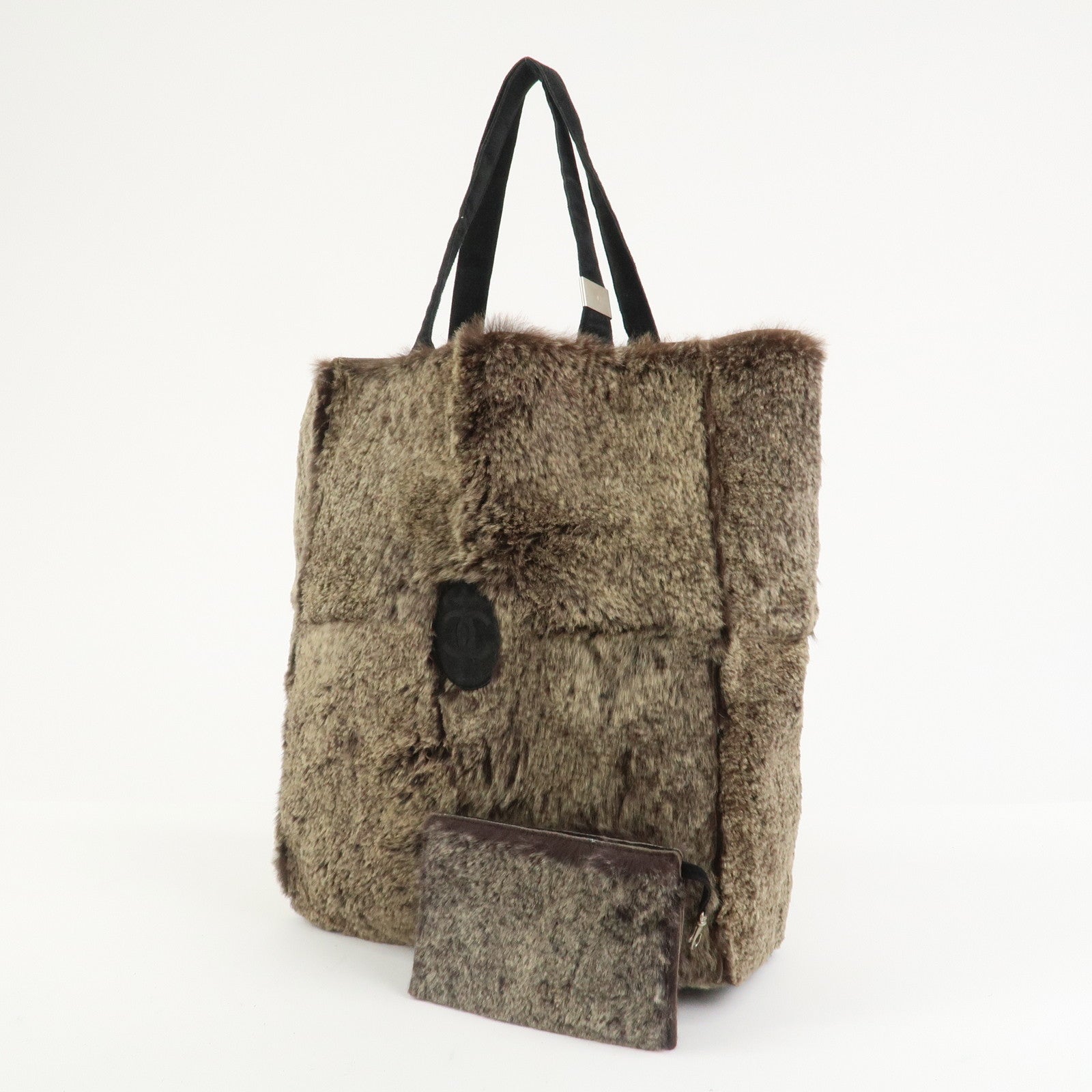 CHANEL COCO Mark Fur Suede Tote Bag Hand Bag Brown Black