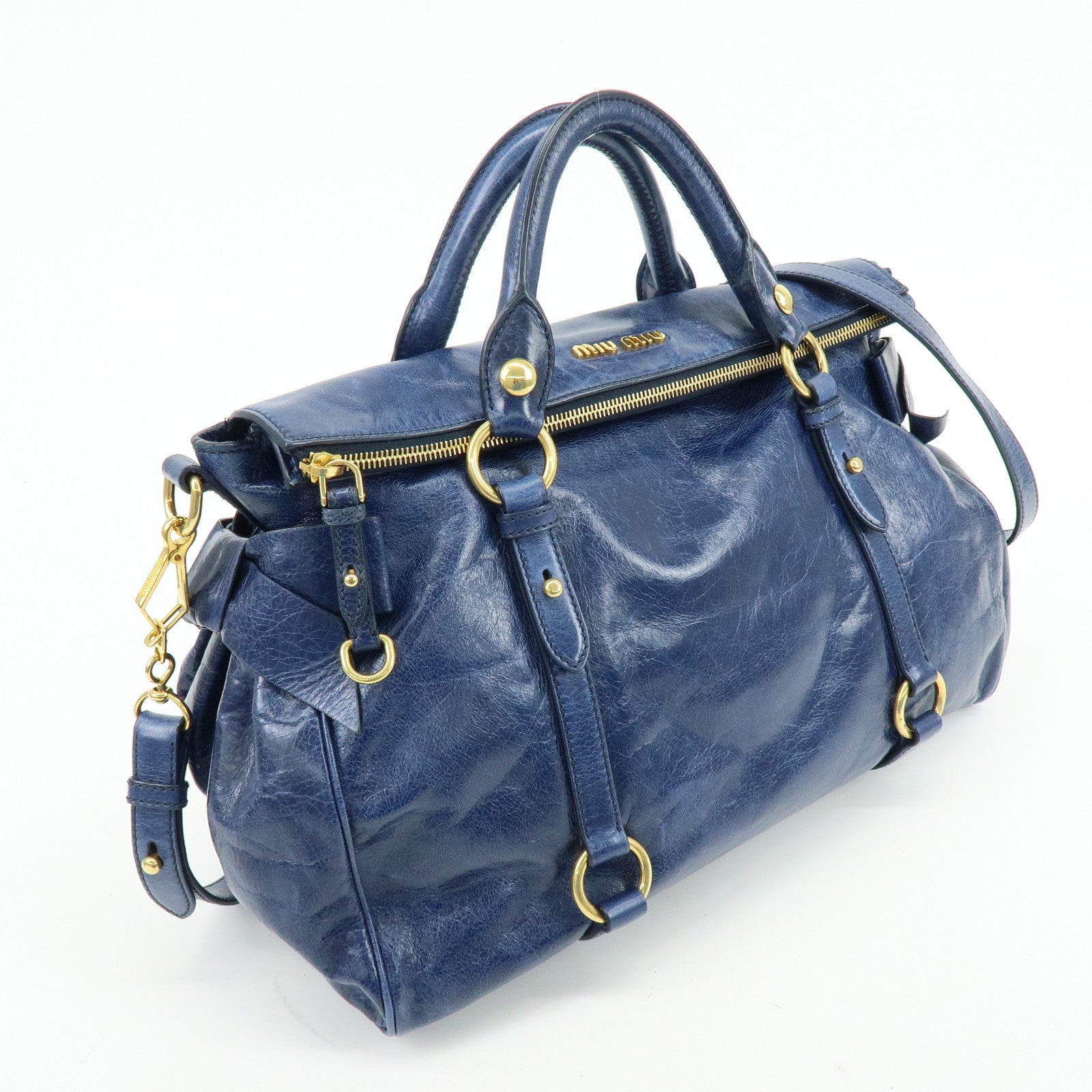 MIU MIU Side Ribbon Large Leather 2Way Bag Shoulder Bag Navy RT0365