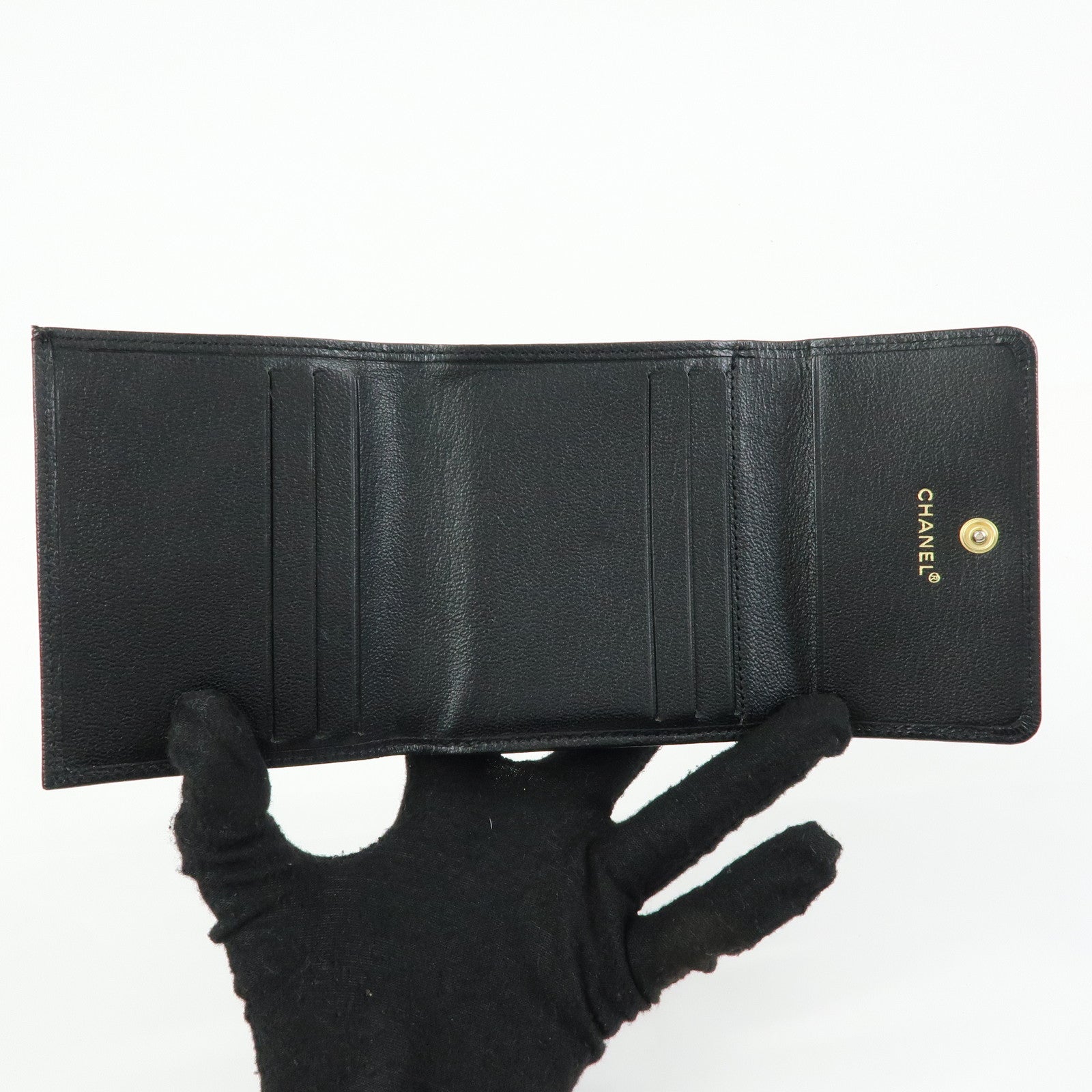 CHANEL COCO Mark Lamb Skin Tri-fold Compact Wallet Black A13456