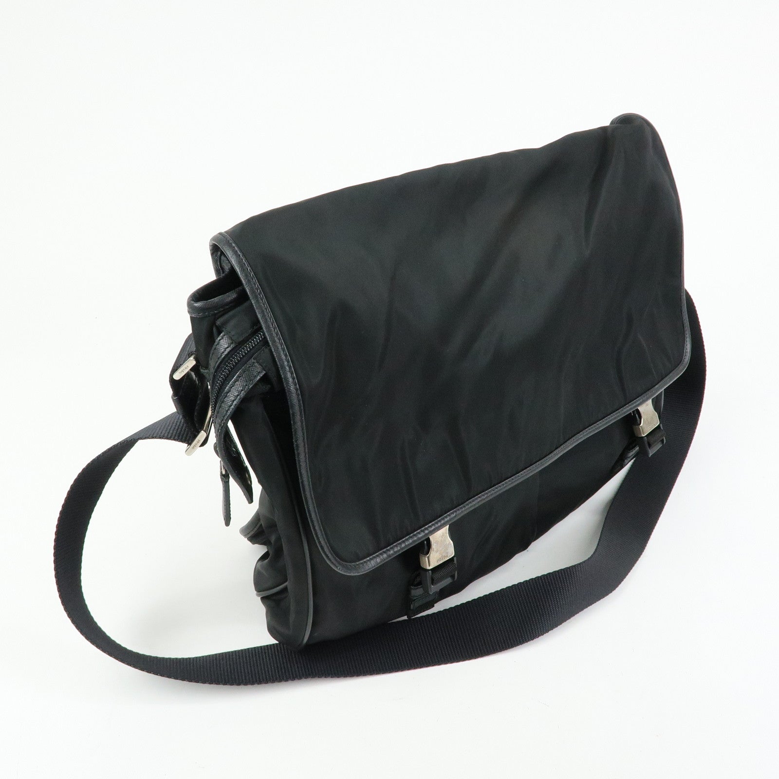 PRADA Triangle Logo Nylon Saffiano Leather Shoulder Bag Black