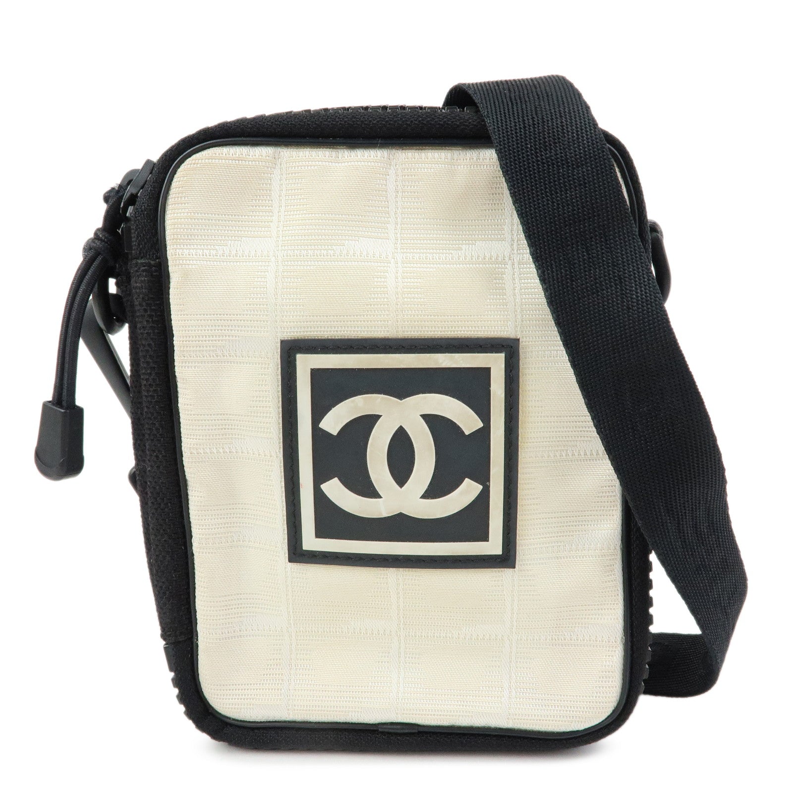 CHANEL New Travel Line Nylon Jacquard Shoulder Bag Beige Black