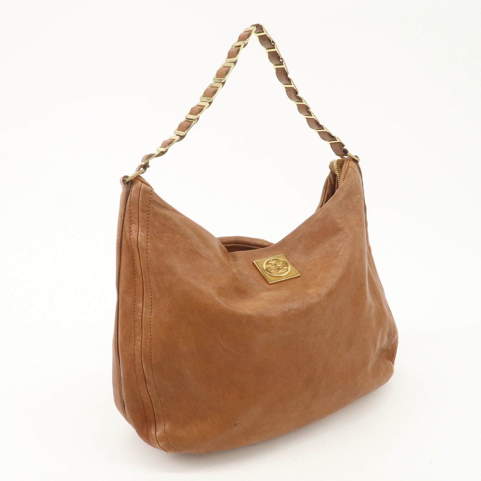 TORY BURCH Leather Shoulder Bag Brown Gold Hardware Used