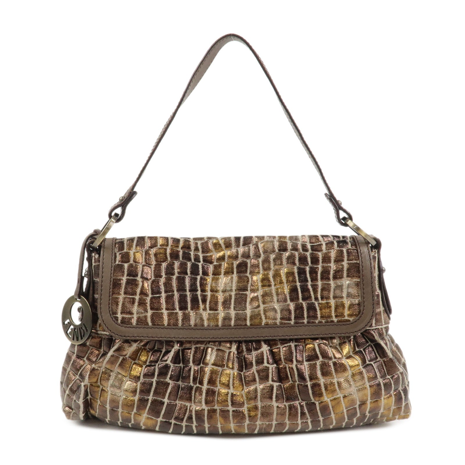FENDI Canvas Leather Shoulder Bag Hand Bag Metallic Brown 8BR445