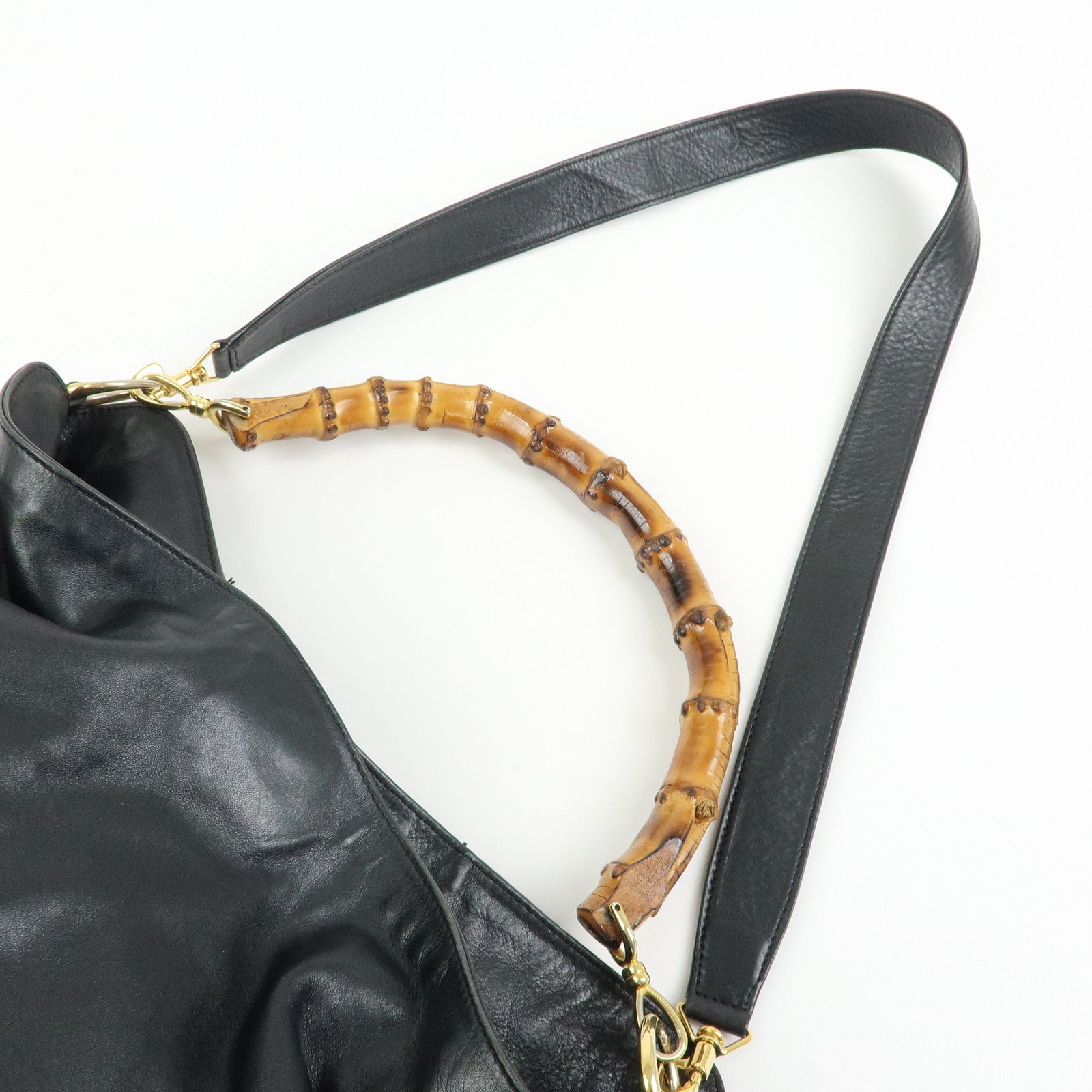 GUCCI Bamboo Leather 2Way Bag Hand Bag Shoulder Bag Black 001・1781