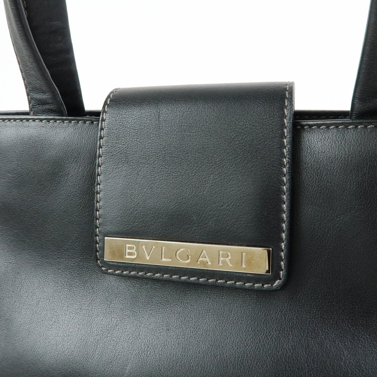 BVLGARI Leather Tote Bag Hand Bag Shoulder Bag Black