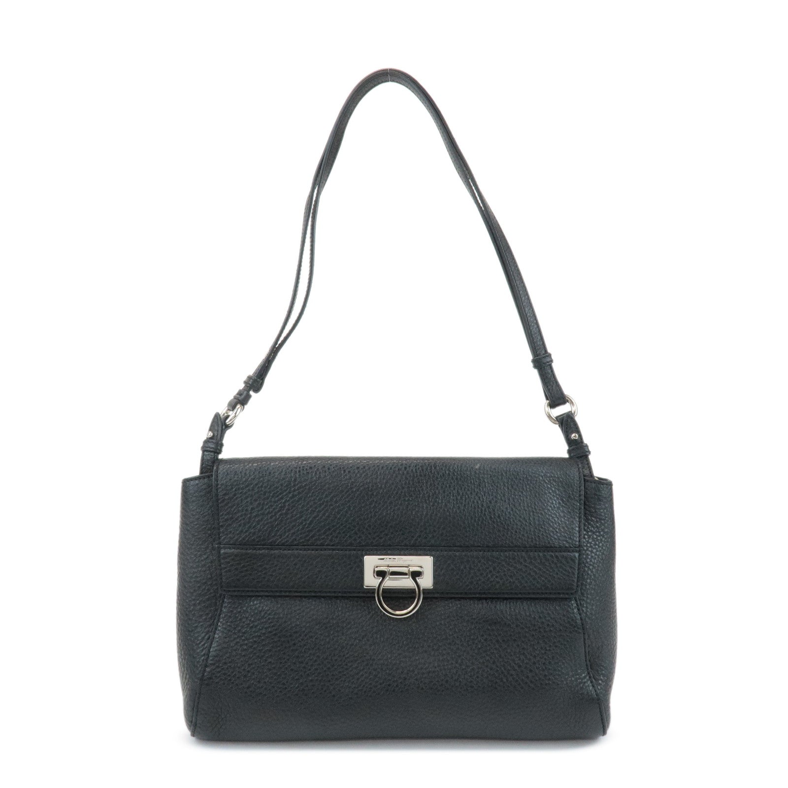 Ferragamo Gancini Leather 3Way Shoulder Bag Hand Bag Black Silver HDW Used