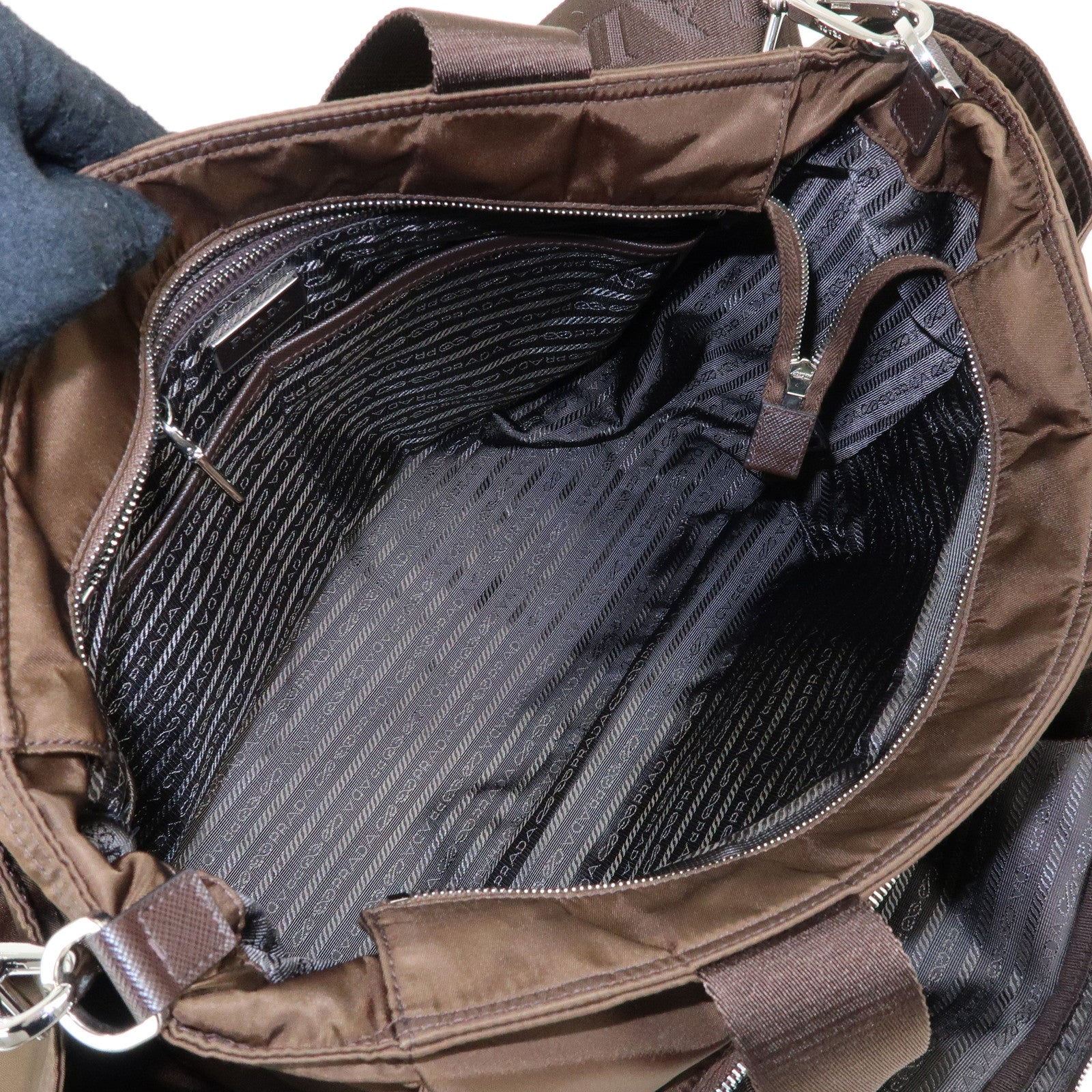 PRADA Triangle Logo Nylon Leather 2Way Hand Bag Khaki Brown 1BG102