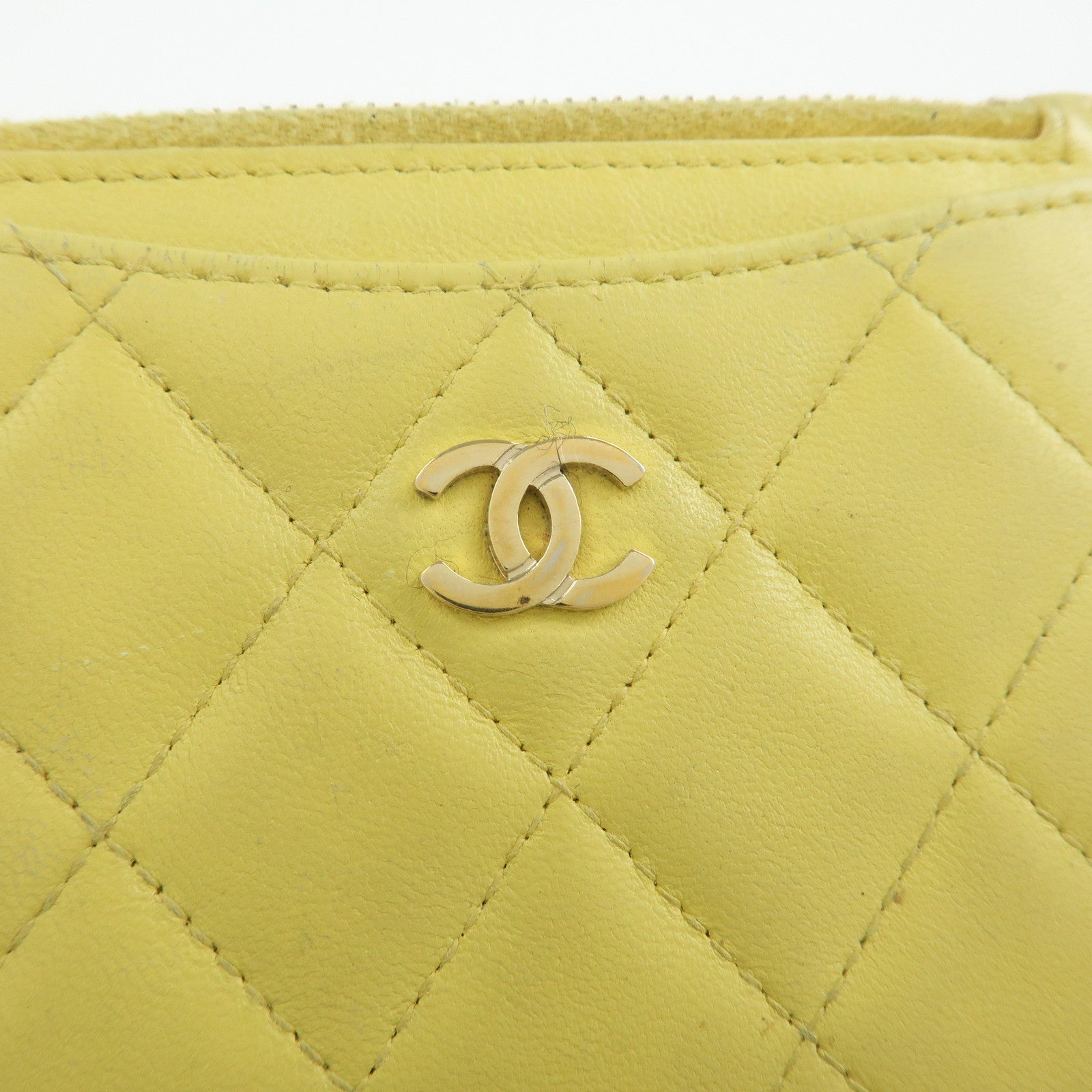 CHANEL Matelasse COCO Mark Lamb Skin Card Case Card Holder Yellow