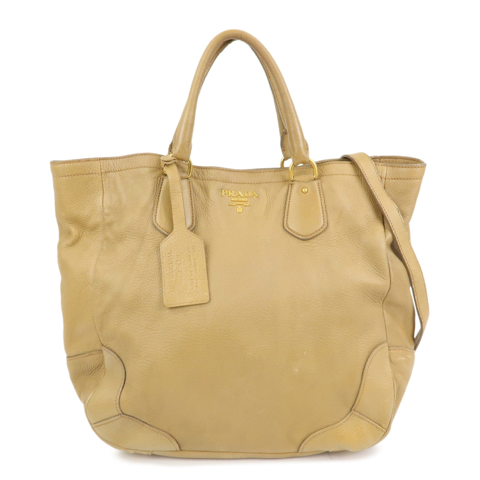PRADA Calf Leather 2Way Bag Hand Bag Shoulder Bag Beige
