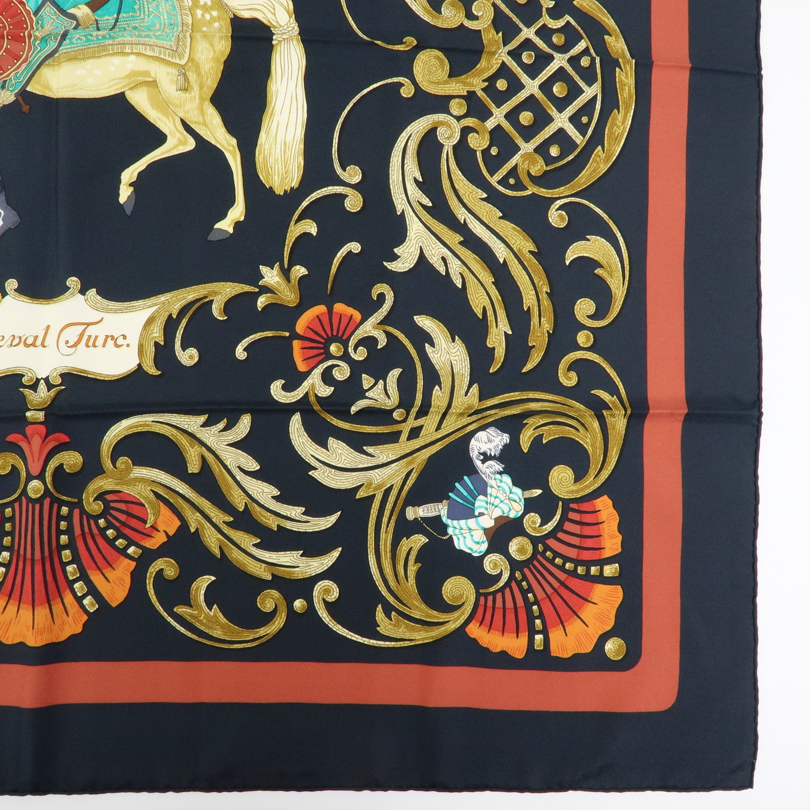 HERMES Carre 90 Silk 100% Scarf Cheval Jurc Blaqck Brown Red