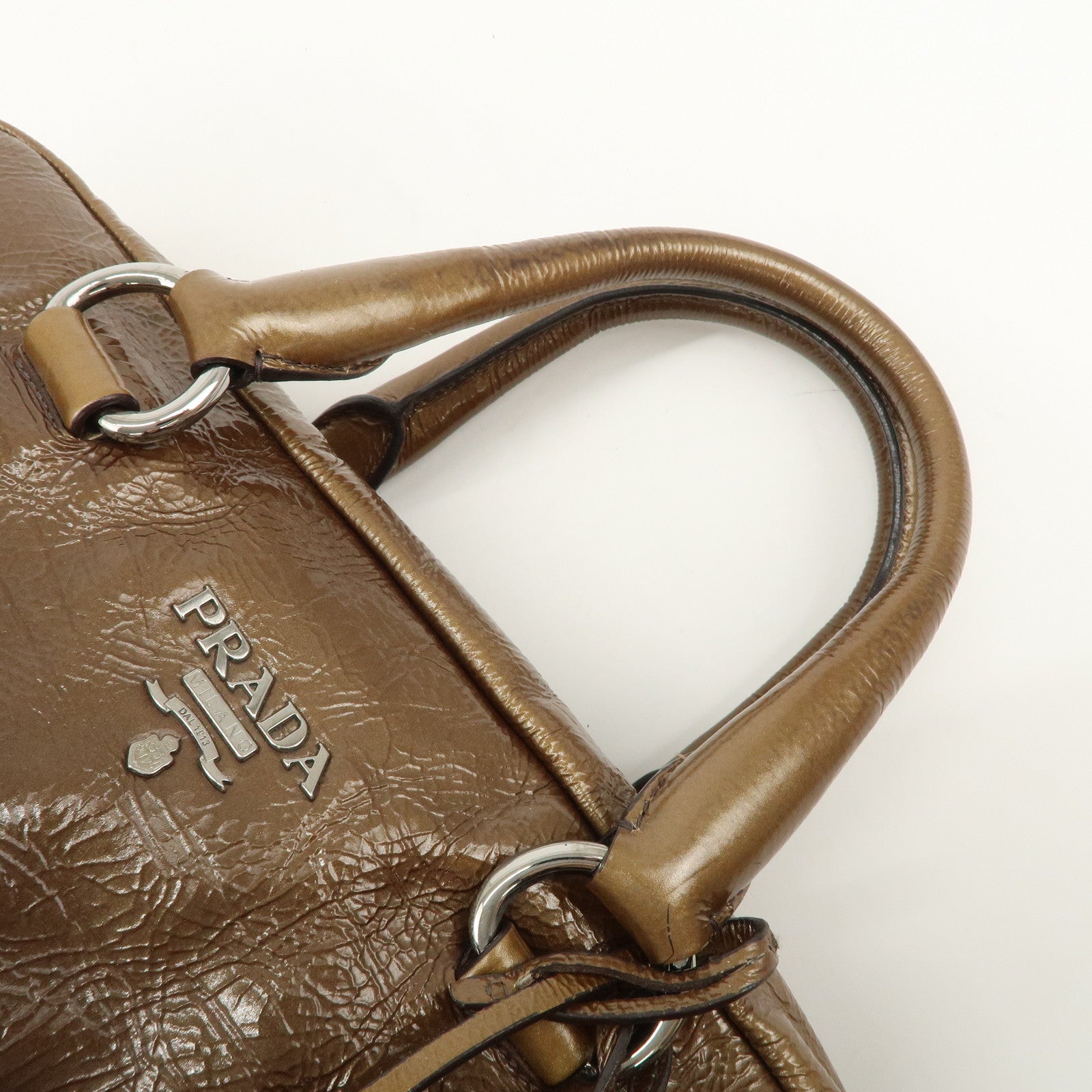PRADA Logo Patent Leather Hand Bag Boston Bag Brown BL0555