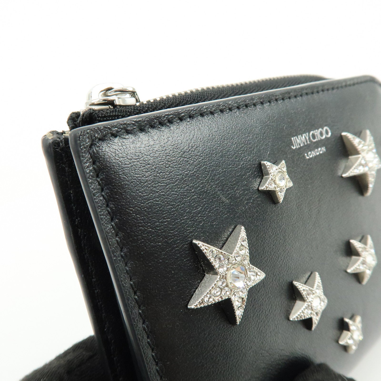 JIMMY CHOO Leather Compact  Zippy Wallet Star Studs Black