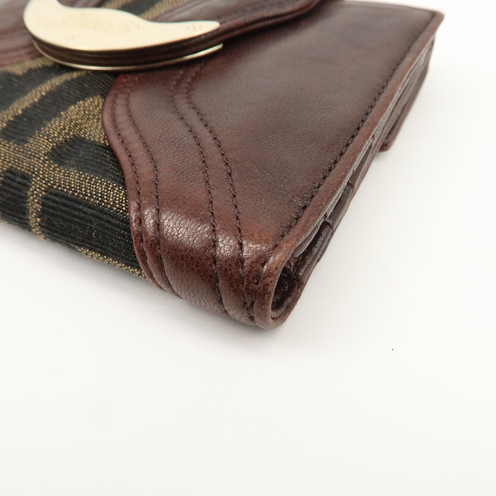 FENDI Zucca Leather Canvas W Hook Bi-fold Wallet  Dark Brown 8M0160 Used