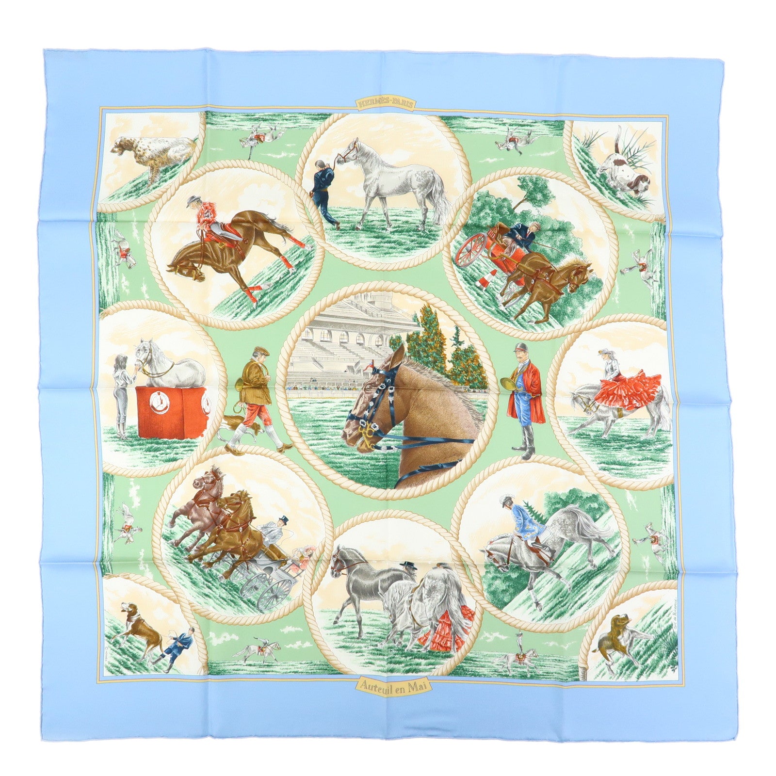 HERMES Carre 90 Silk 100% Scarf Auteuil en Mai Horse Print