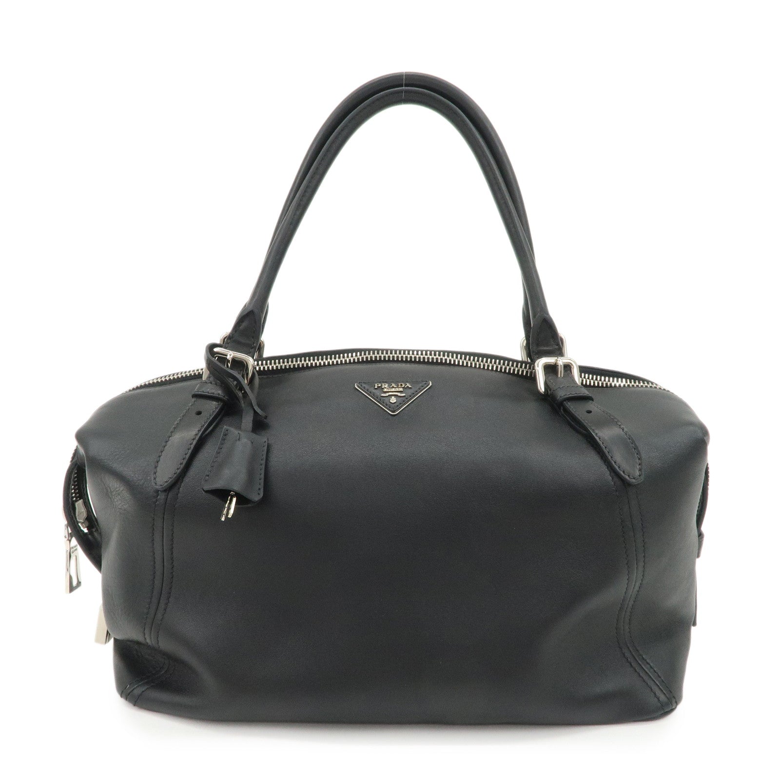 PRADA Triangle Logo Leather Boston Bag Shoulder Bag Black BR4998