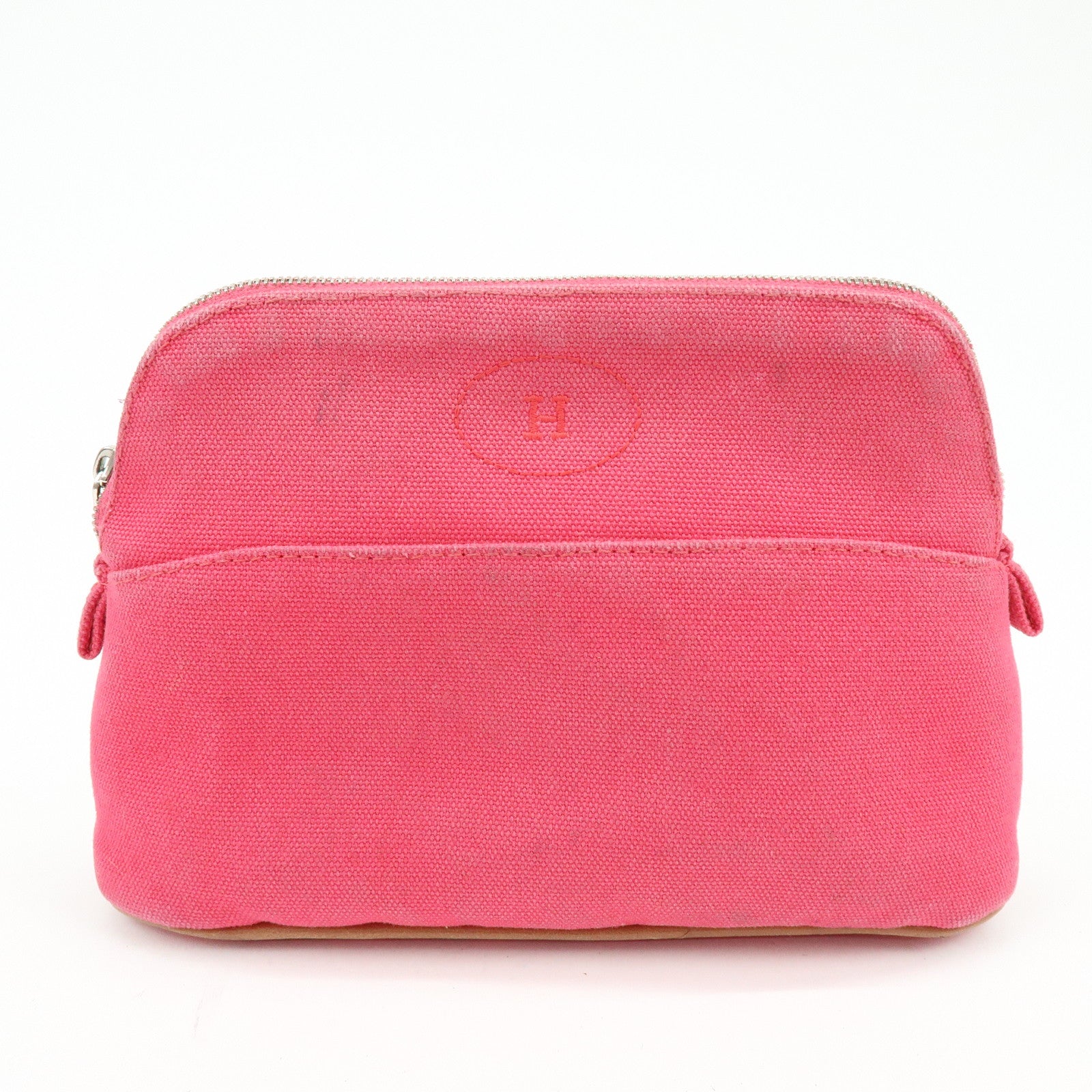 HERMES Bolide Set of 2 Cotton Leather Pouch Cosmetic Case Navy Pink