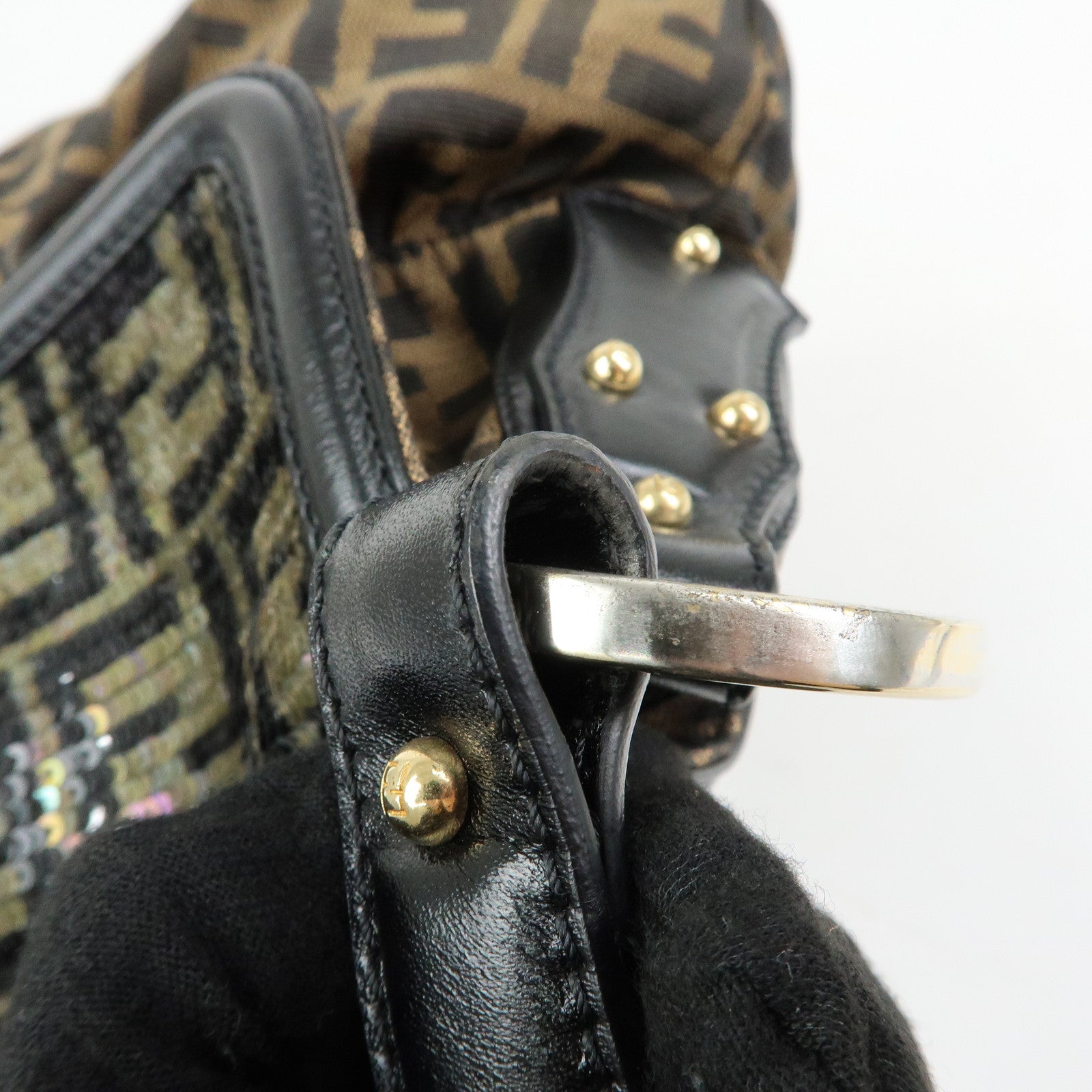 FENDI Zucca Canvas Leather Sequined Shoulder Bag Brown 8BR436