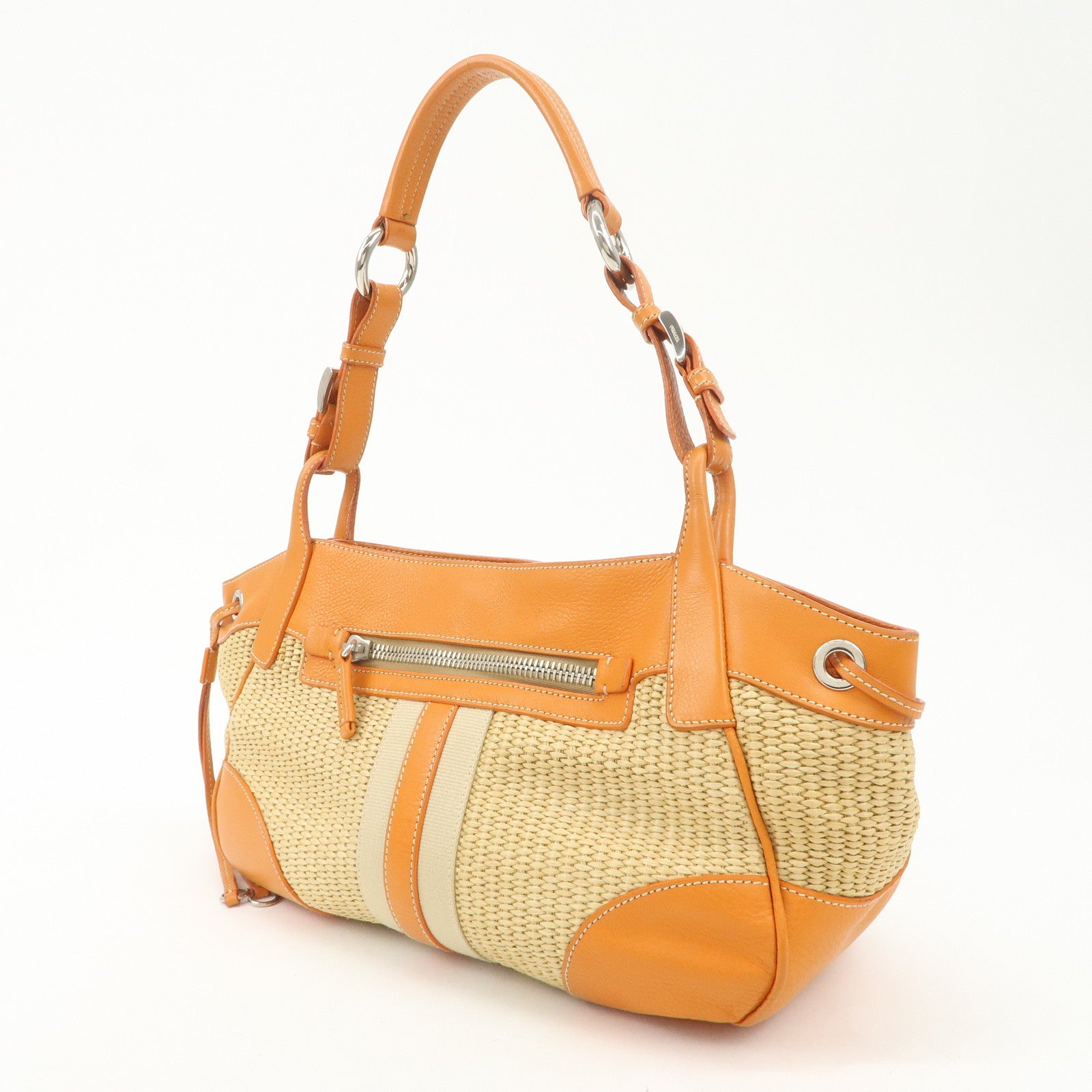 PRADA Triangle Logo Raffia Leather Shoulder Bag Beige Orange
