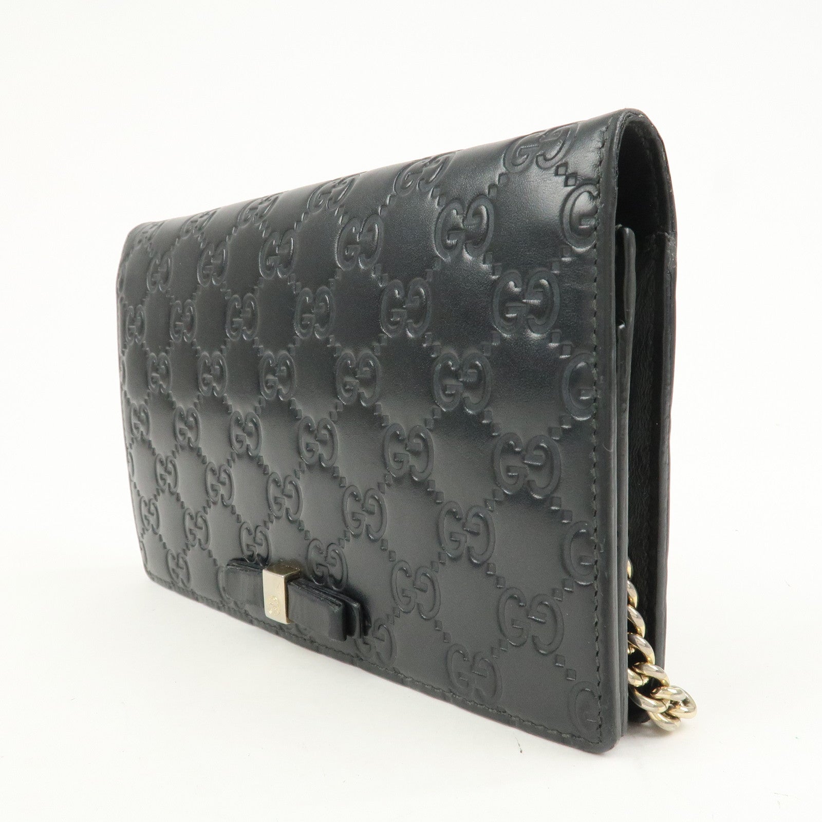GUCCI Interlocking G Guccissima Leather Chain Shoulder Wallet Black