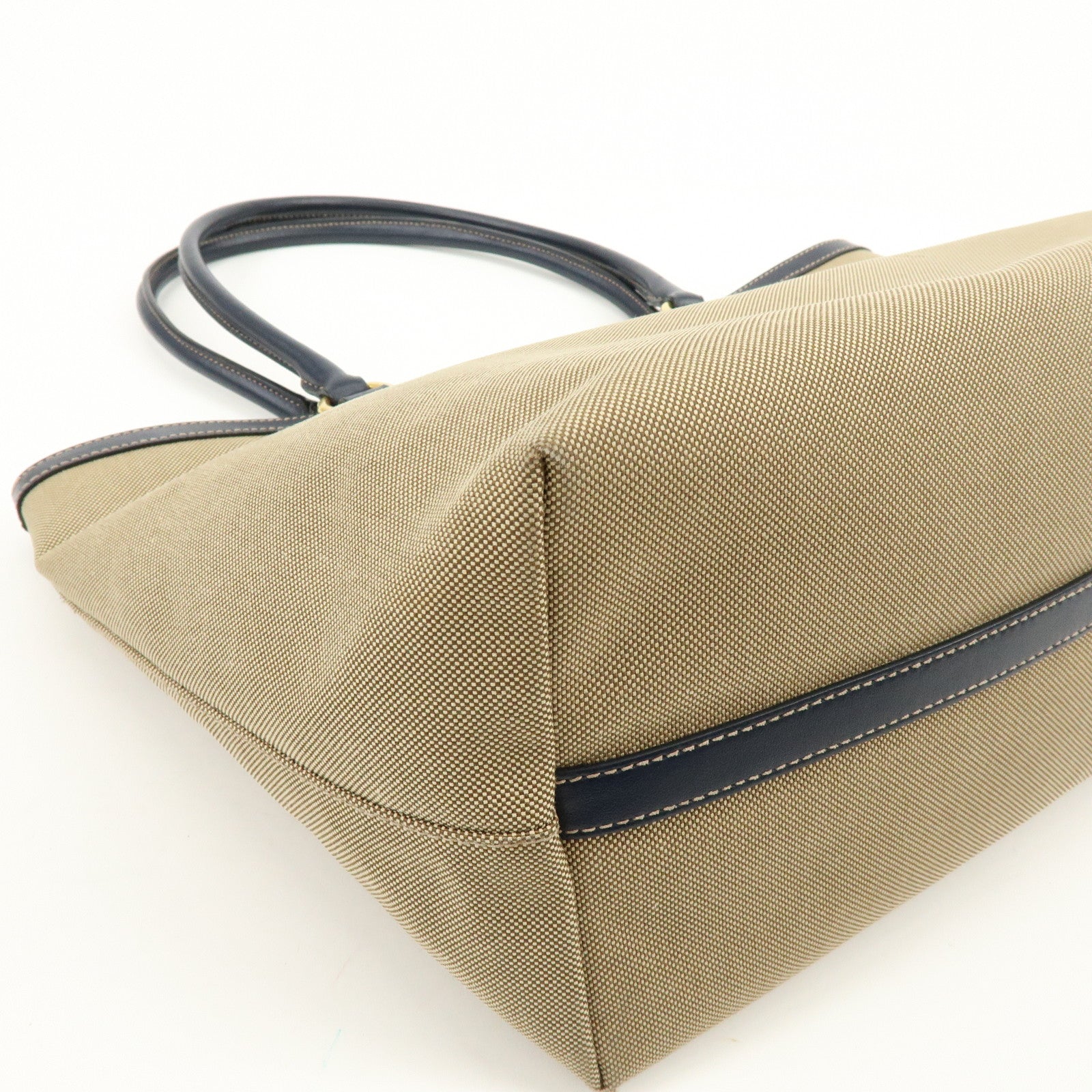 PRADA Logo Jacquard Leather Tote Bag Hand Bag Beige Navy