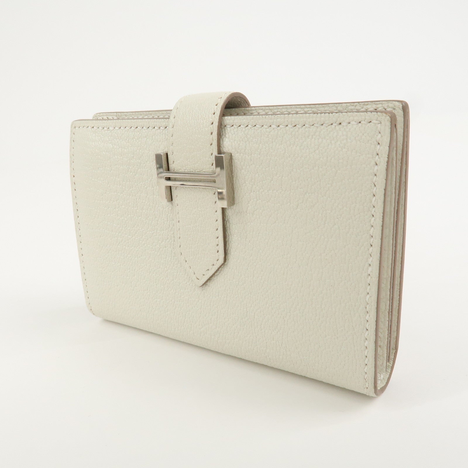 HERMES Bearn Chevre B Stamped Card Case Card Holder Craie