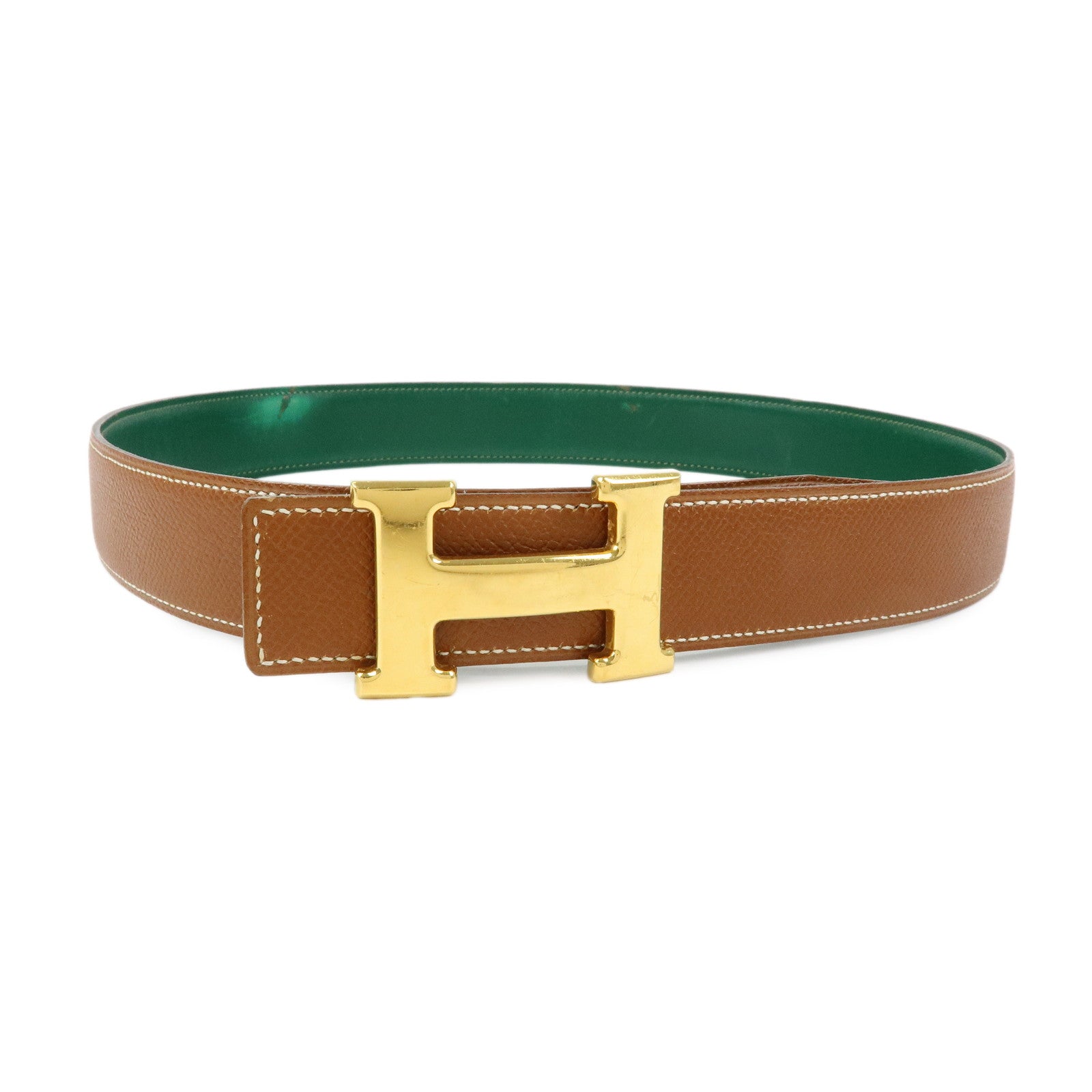 HERMES H Buckle Reversible Constance Veau Epsom Belt 75 Gold Green