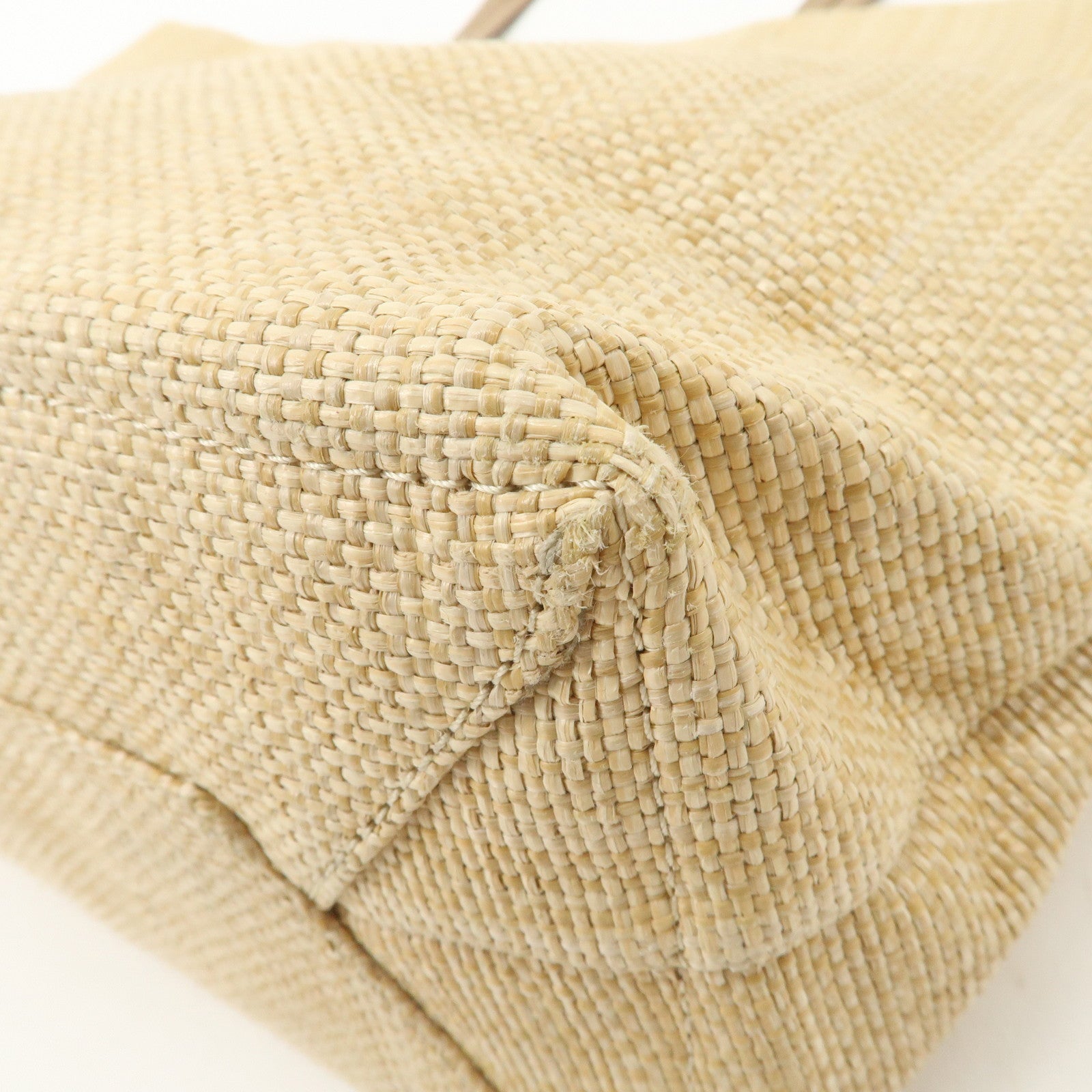 PRADA Leather Raffia Straw Tote Bag Shoulder Bag Beige Used