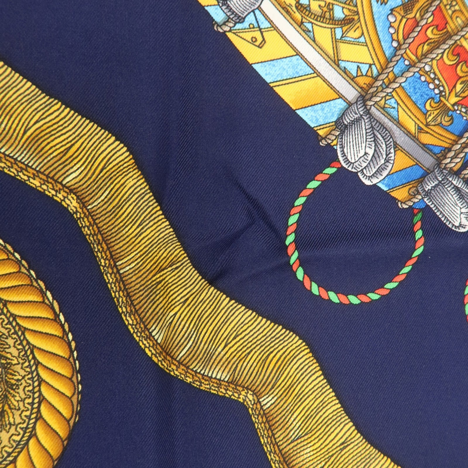 HERMES Carre 90 Silk 100% LES TAMBOURS Scarf Navy Gold