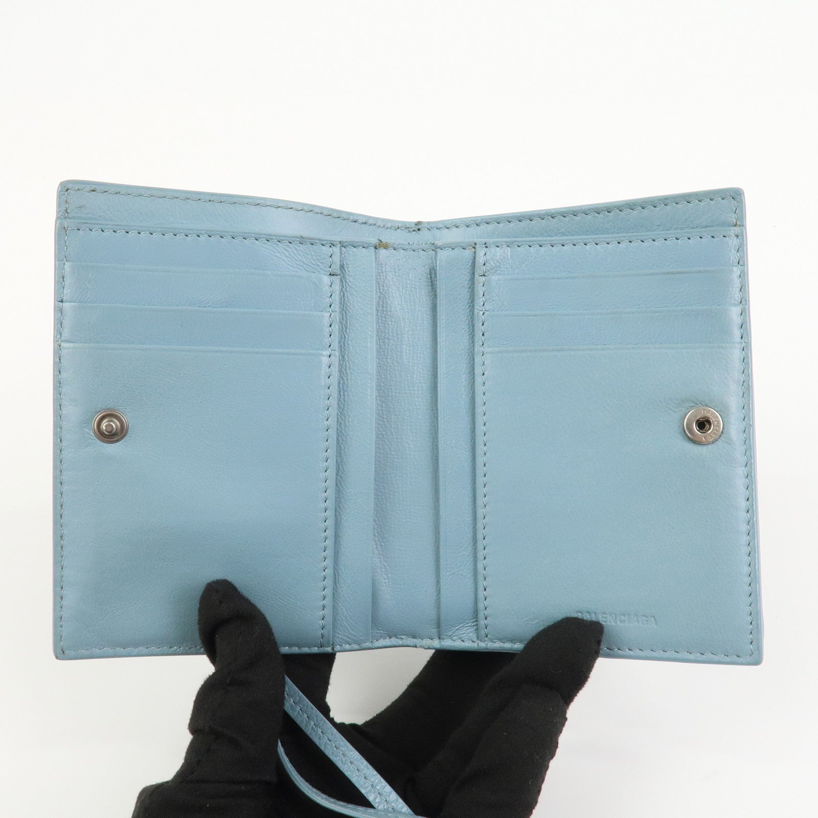 BALENCIAGA Leather Bi-Fold Compact Wallet Light Blue