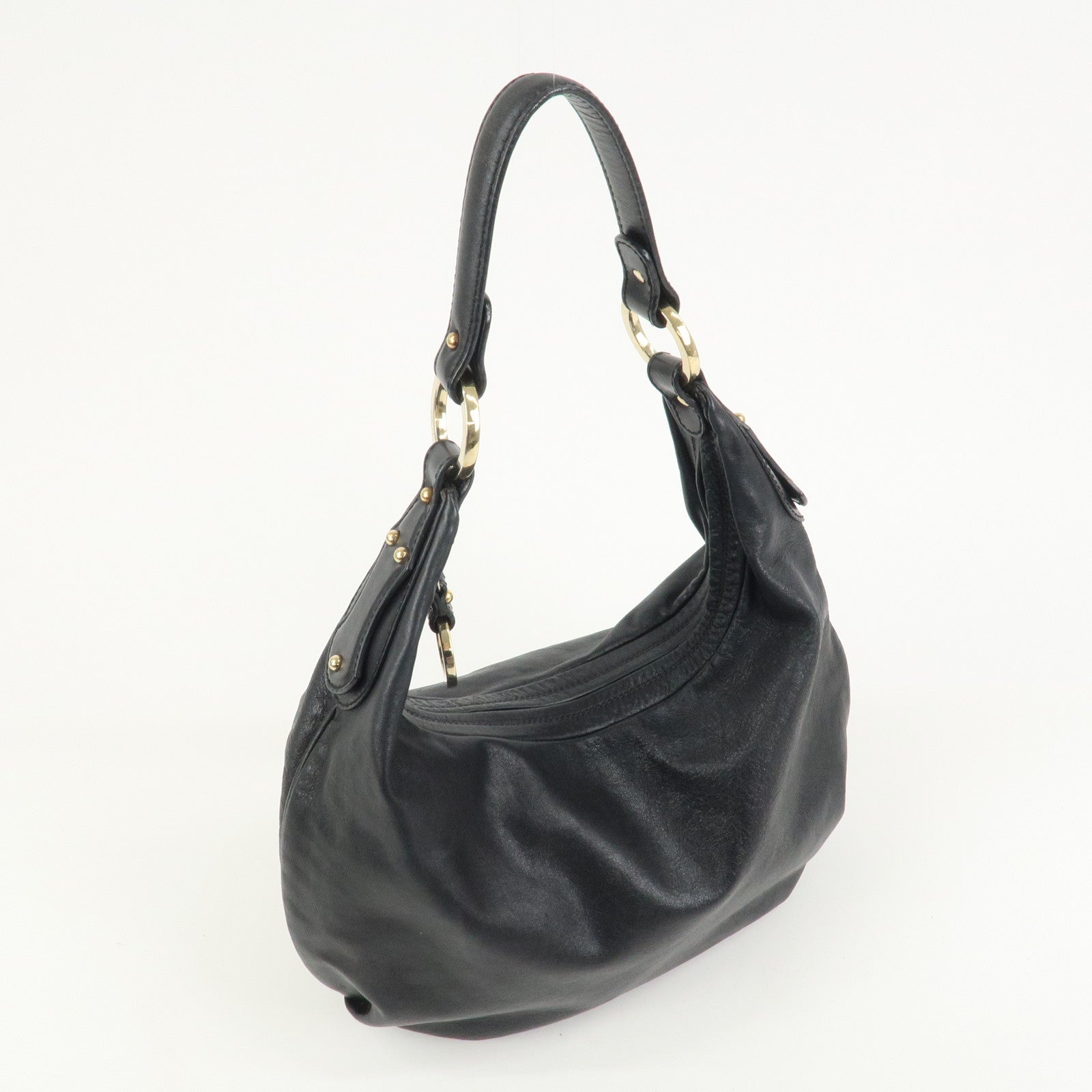 FENDI Leather Shoulder Bag Hand Bag Black 8BR340