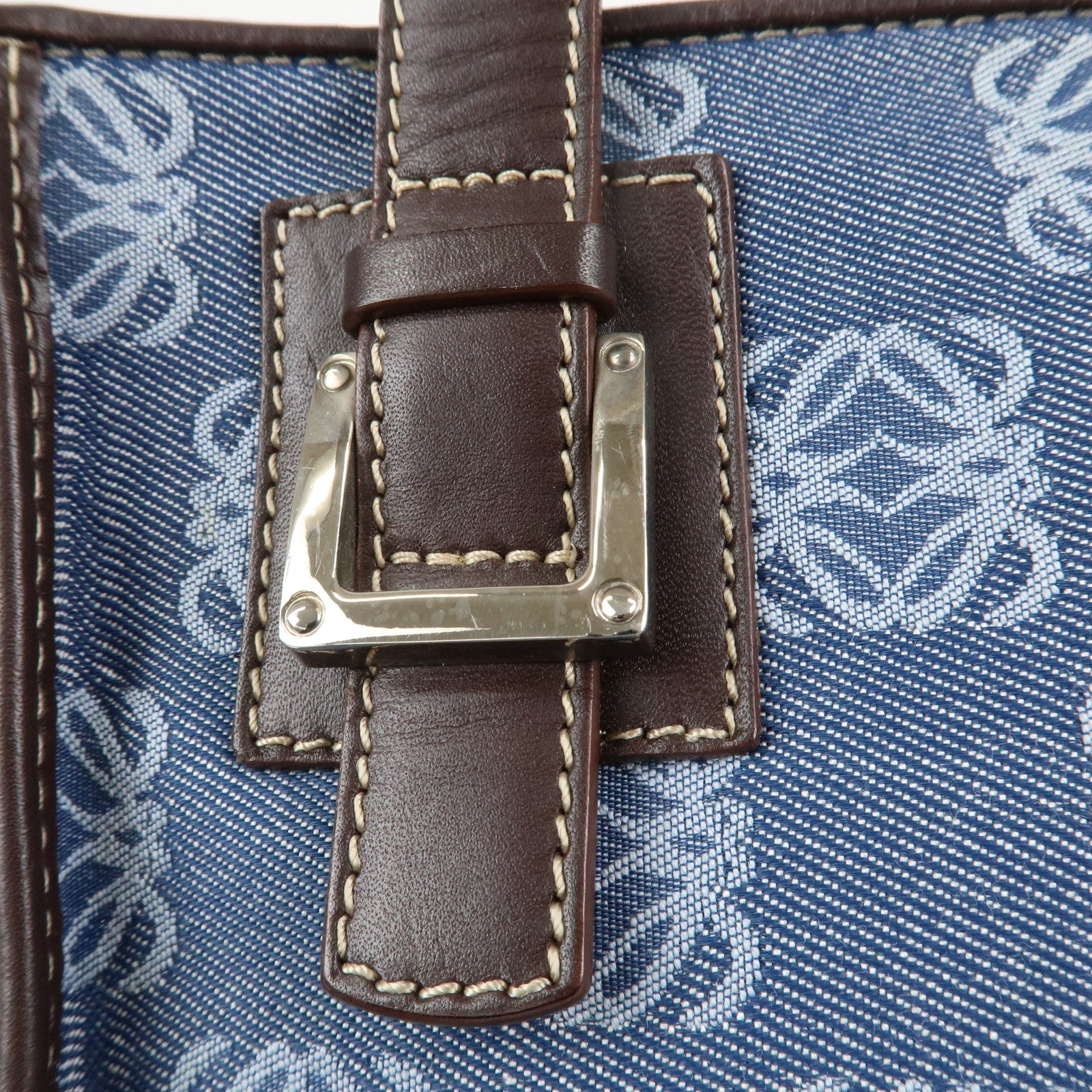 LOEWE Repeat Anagram Canvas Leather Tote Bag Hand Bag Blue Brown