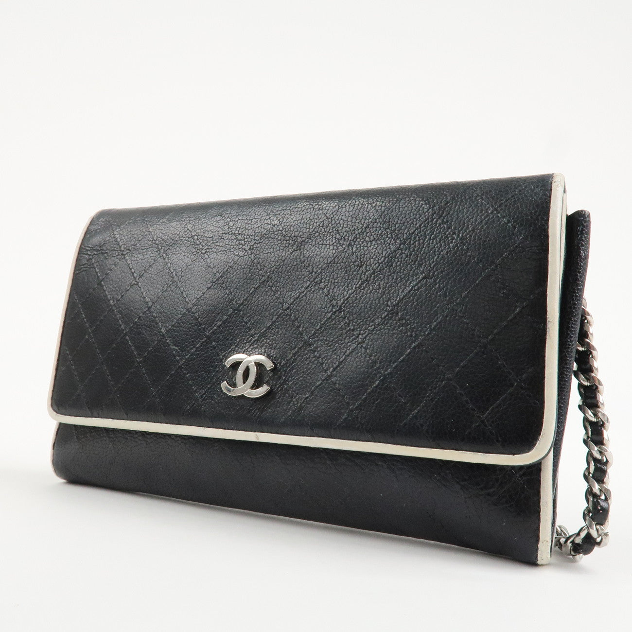 CHANEL Matelasse Leather Chain Long Wallet Dark Navy Bicolore Used