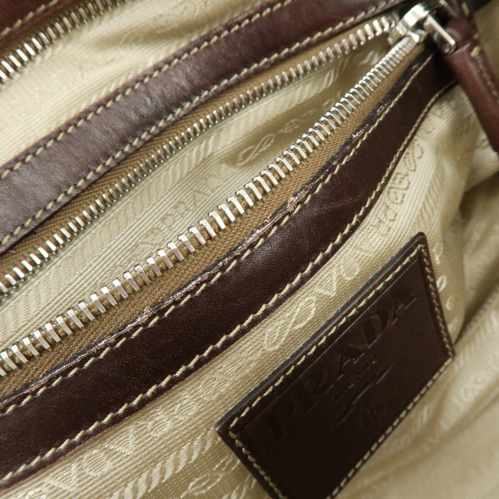 PRADA Leather Logo Jacquard Tote Bag Hand Bag Beige Brown