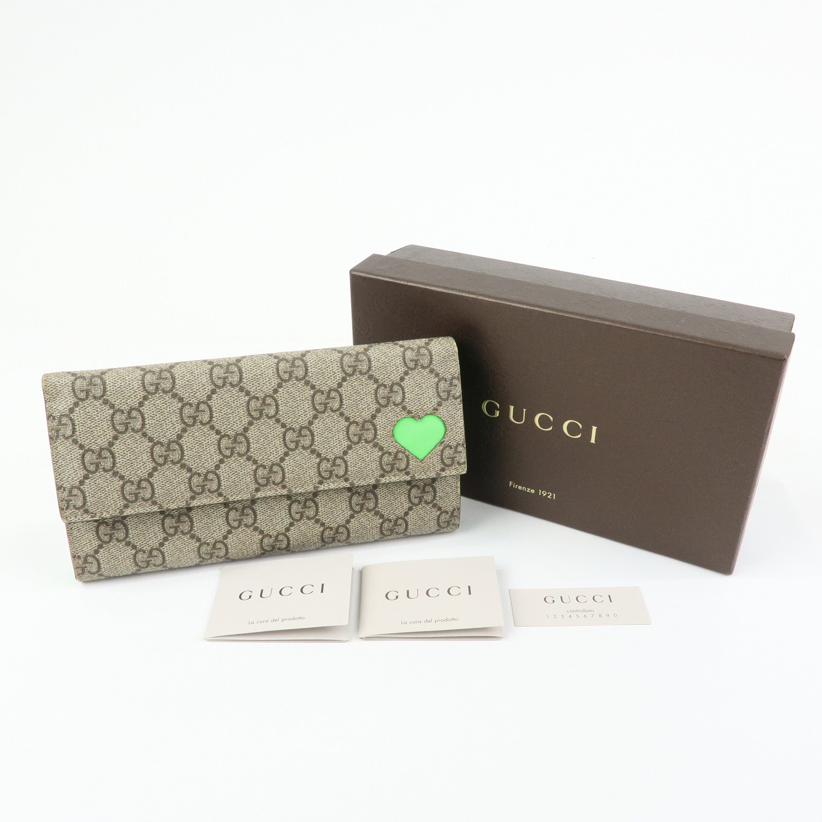 GUCCI GG Supreme Leather Long Flap Wallet Beige Green 323223