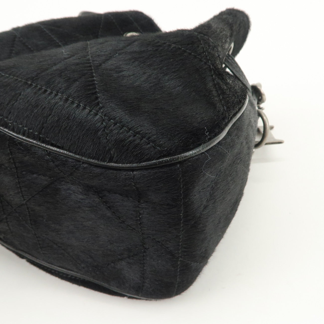 Christian Dior Unborn Carf Leather Drawstring Hand Bag Black Silver