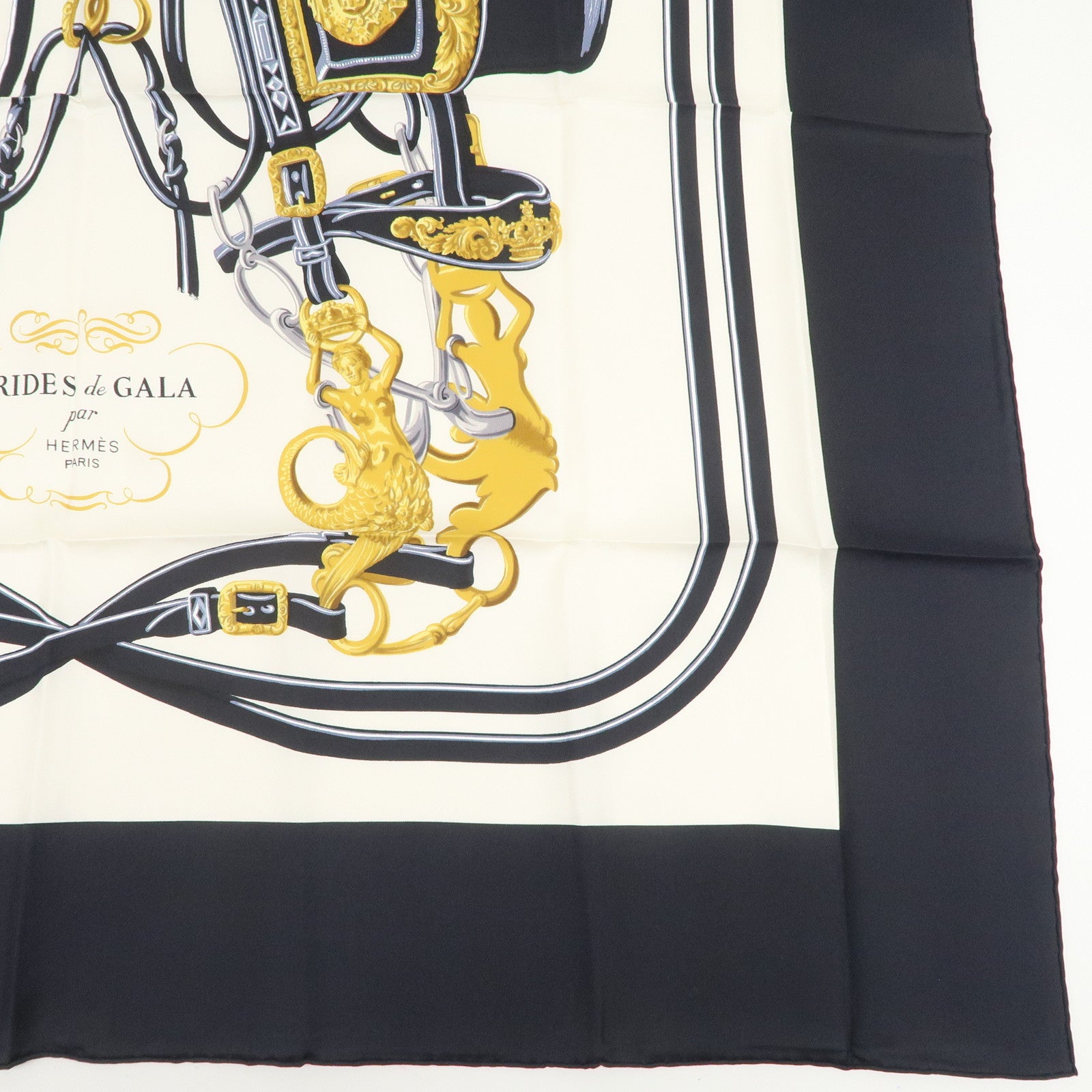 HERMES Carre 90 Silk 100% BRIDES DE GALA Scarf Black Gold