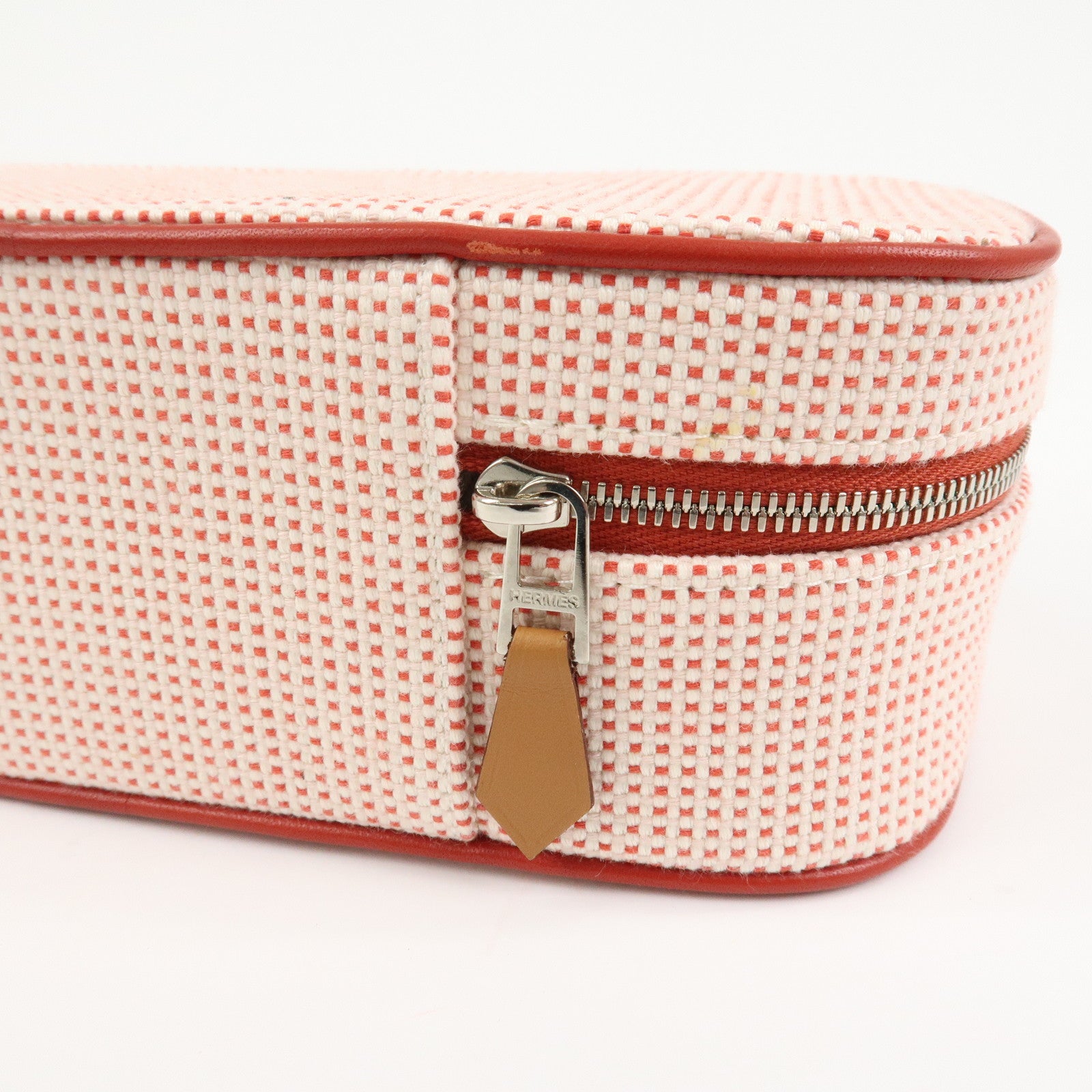 HERMES Escale Cotton100% Leather Pouch Cosmetics Pouch Vermilion