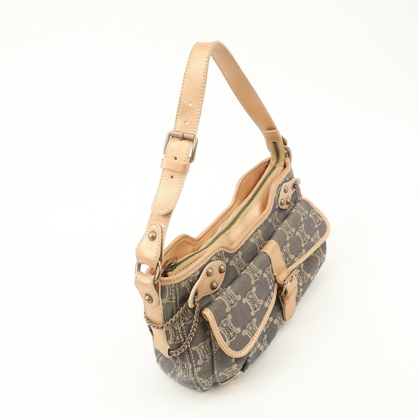 CELINE Macadam Leather Denim Shoulder Bag Hand Bag Beige Navy Used